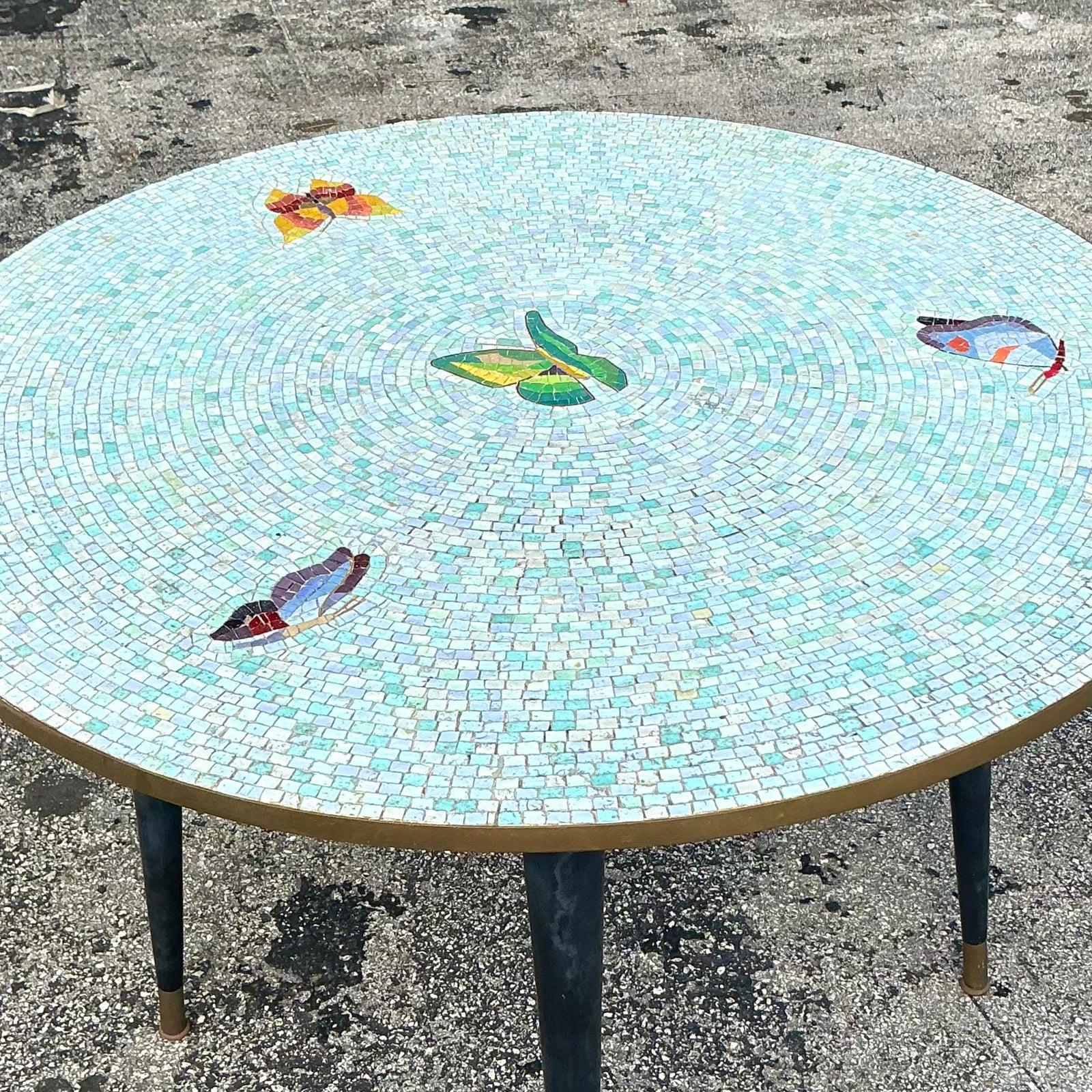 Mid-Century Modern Vintage Boho Mosaic Tile Butterfly Dining Table For Sale