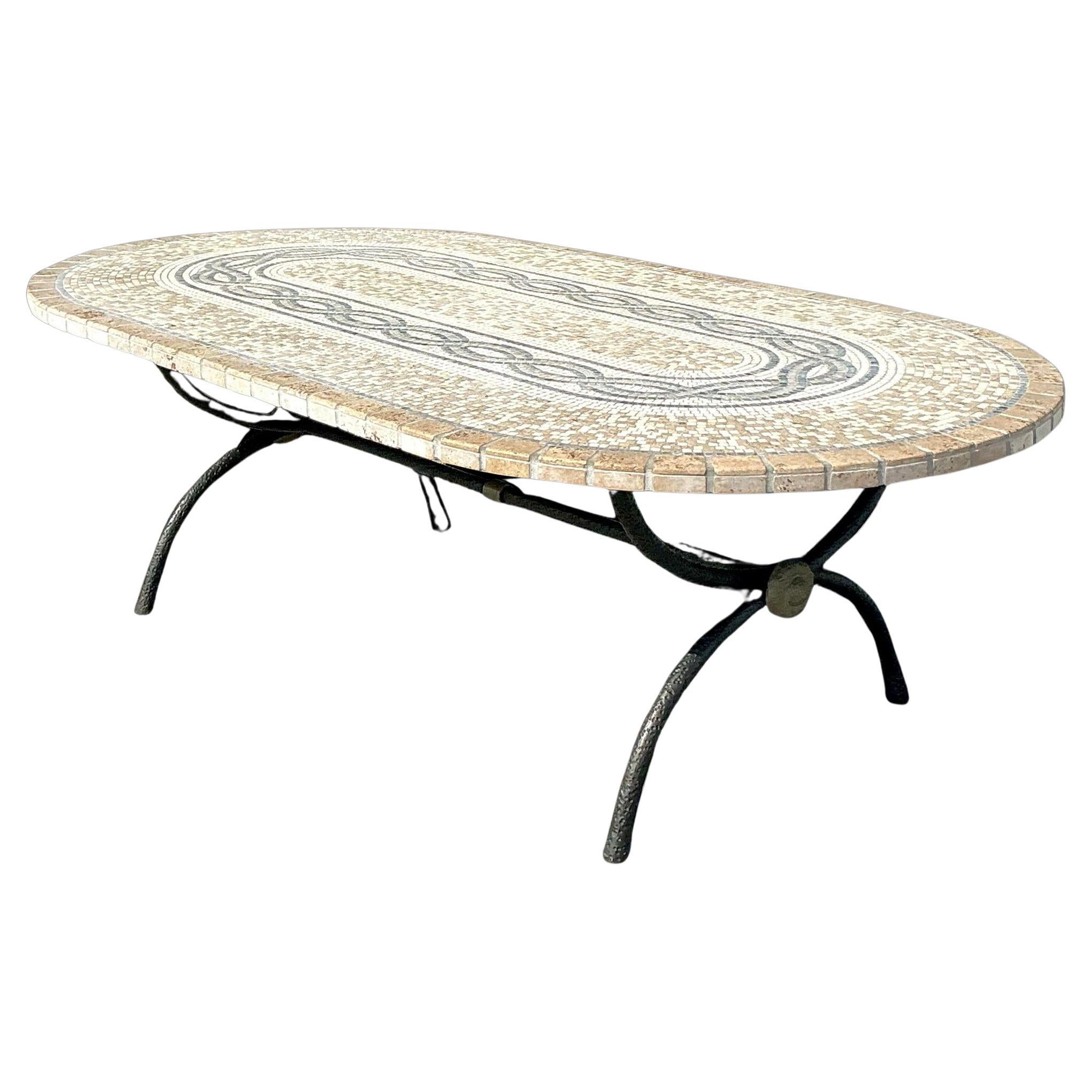 Mesa Vintage Boho de Azulejos de Mosaico sobre Pedestal X de Bronce en venta