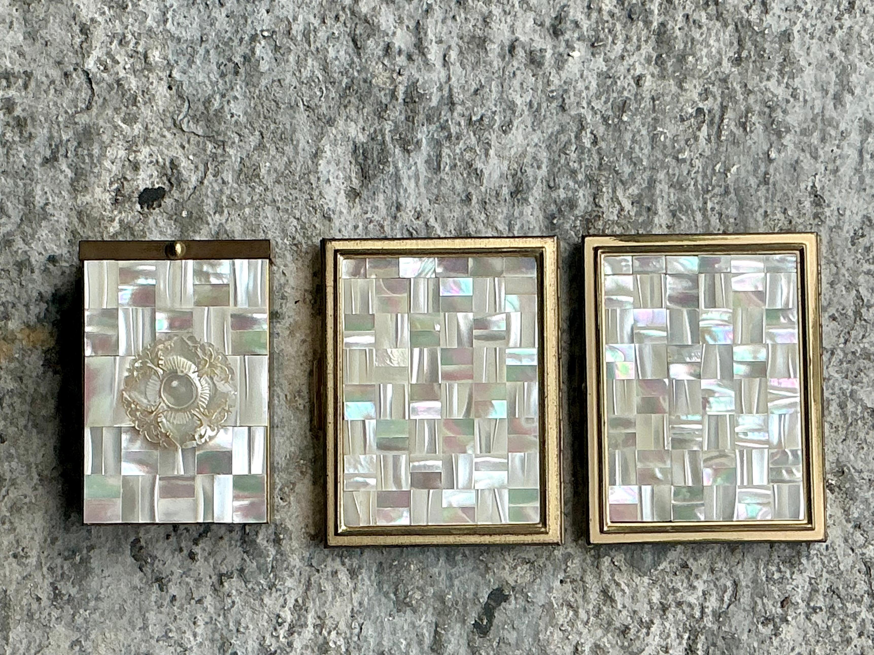 Art Deco Vintage Boho Mother of Pearl Compacts- Set of 3 For Sale