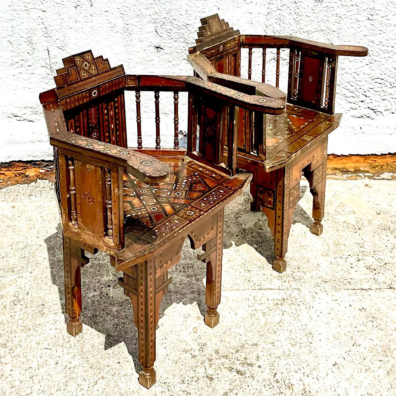 20th Century Vintage Boho Mother of Pearl Inlay Arm Chairs, a Pair