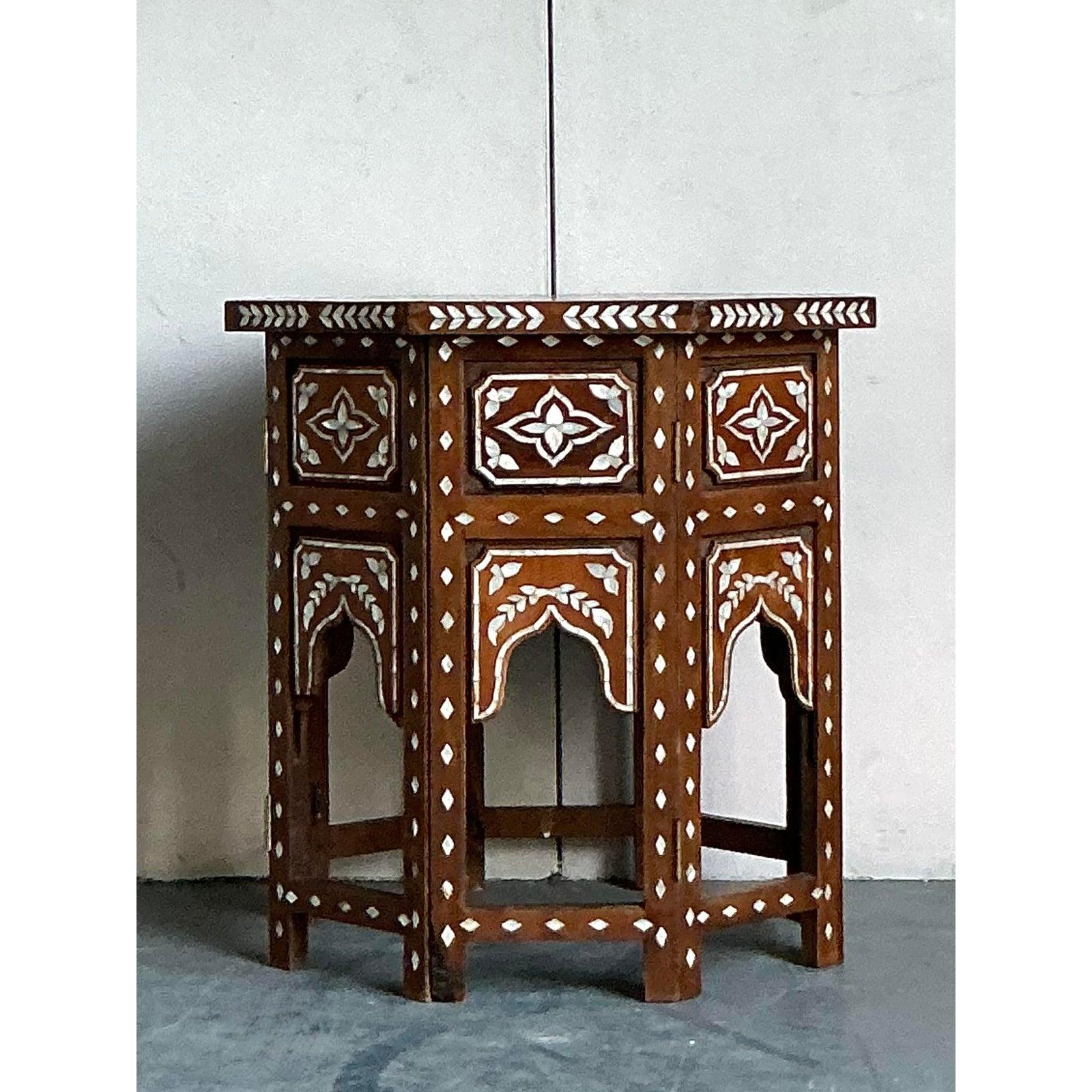 Anglo-Indian Vintage Boho Mother of Pearl Inlay Side Table For Sale