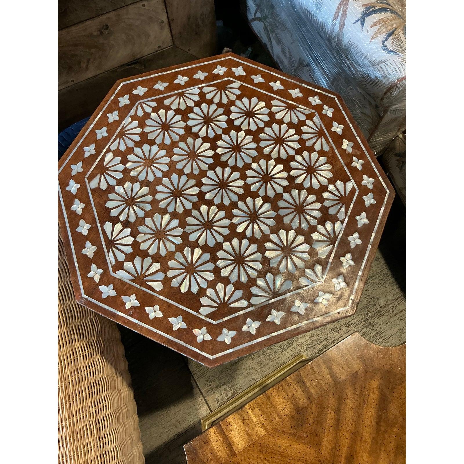 Moroccan Vintage Boho Mother of Pearl Inlay Side Table For Sale