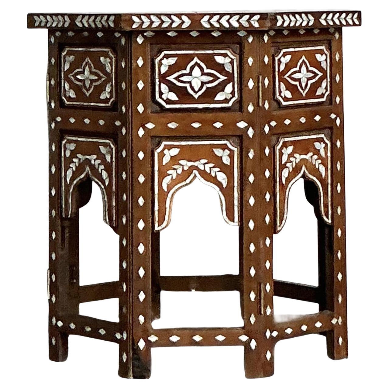 Vintage Boho Mother of Pearl Inlay Side Table For Sale