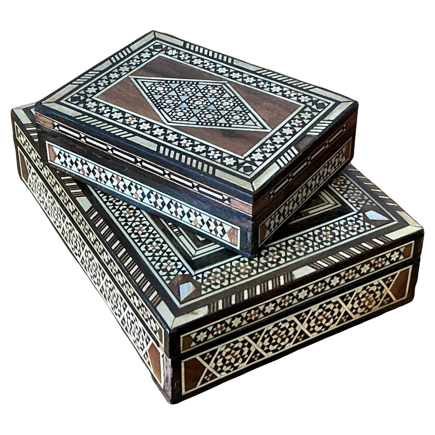 Vintage Boho Mother of Pearl Marquetry Boxes - Set of 2
