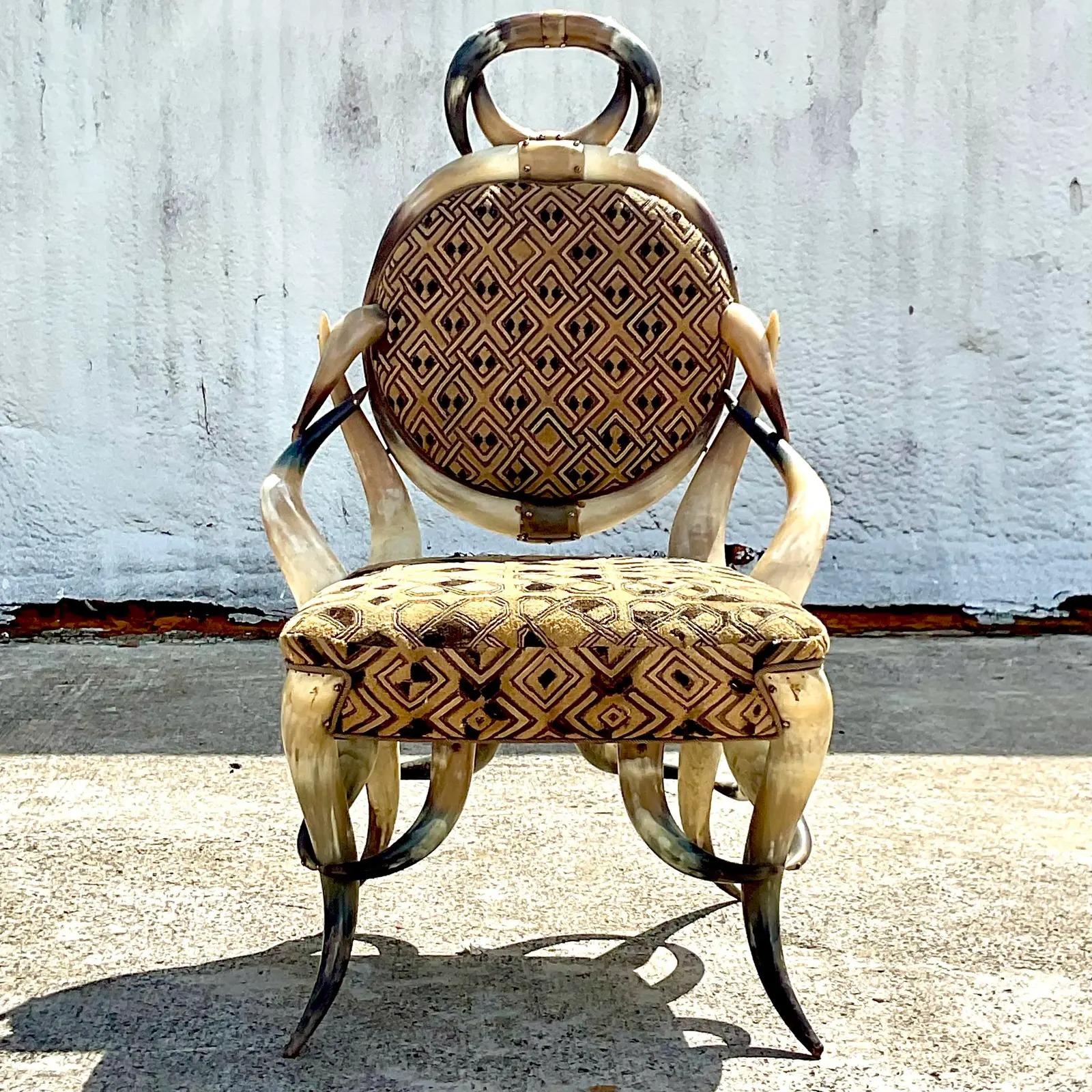 Vintage Boho Mud Cloth Horn Chair In Good Condition In west palm beach, FL