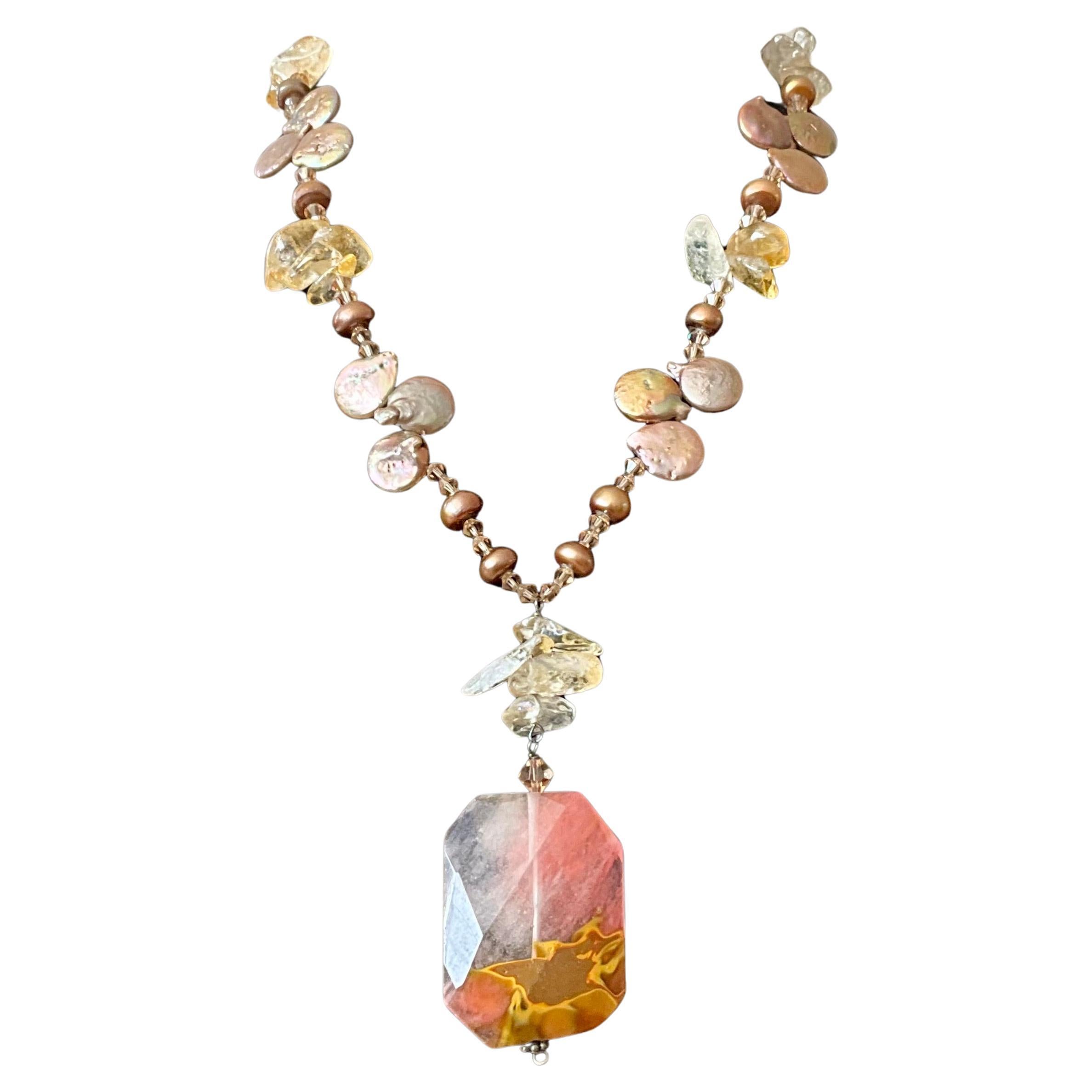 Vintage Boho Multi-Gemstone Necklace with Pendant