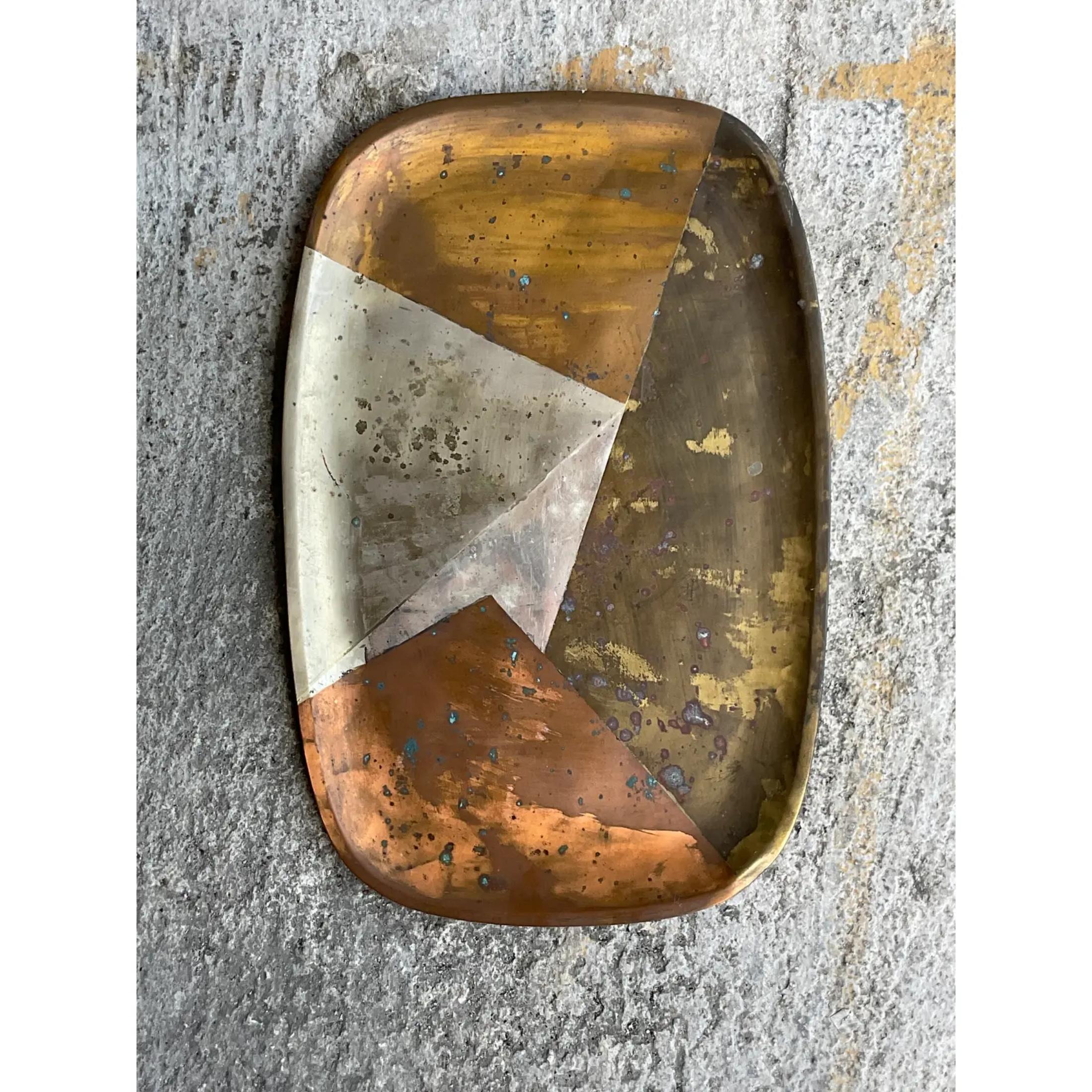 A fabulous vintage Boho serving tray. A chic multi metal tray with incredible patina from time. Acquired from a Palm Beach estate
