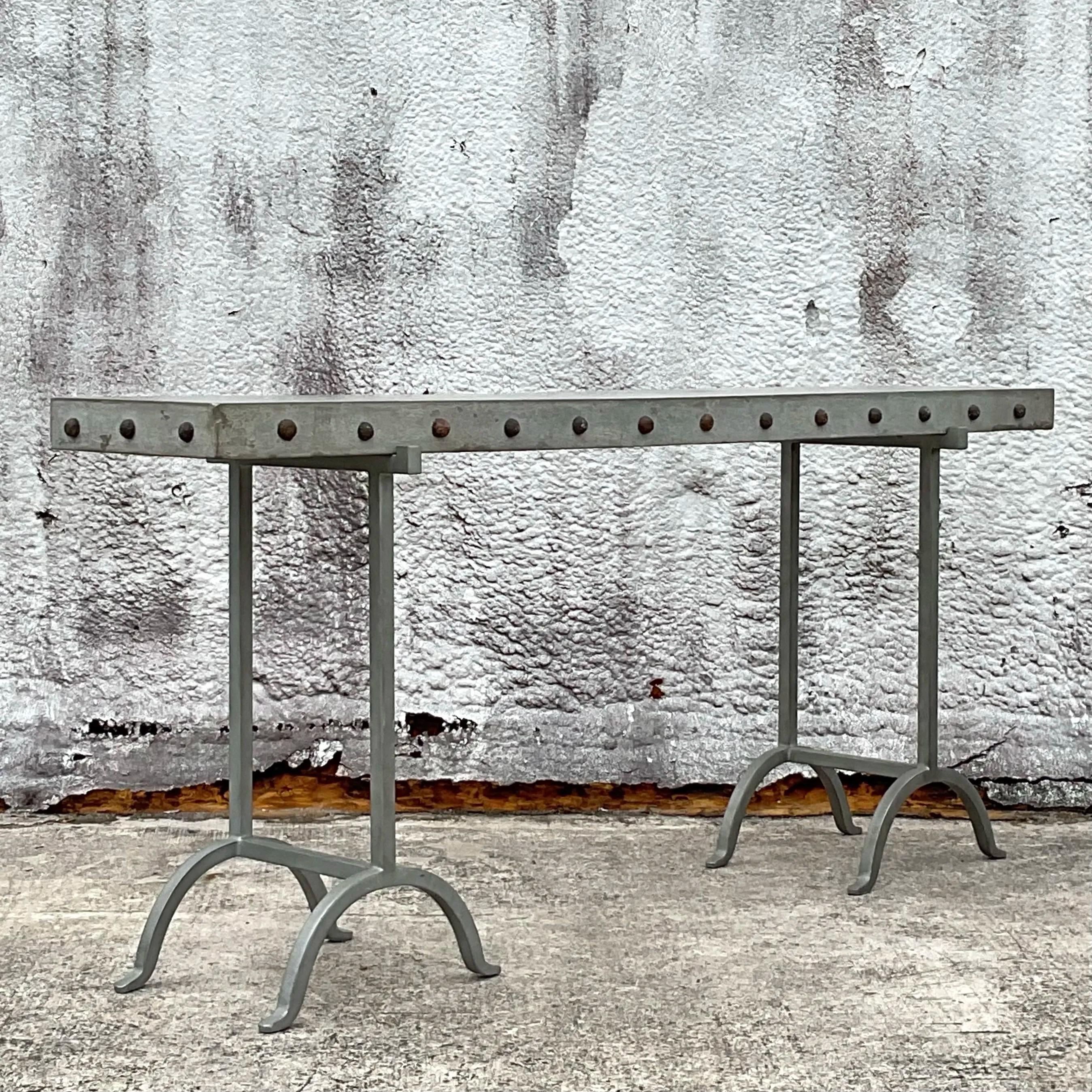 Industrial Vintage Boho Nailhead Plaster Console Table For Sale