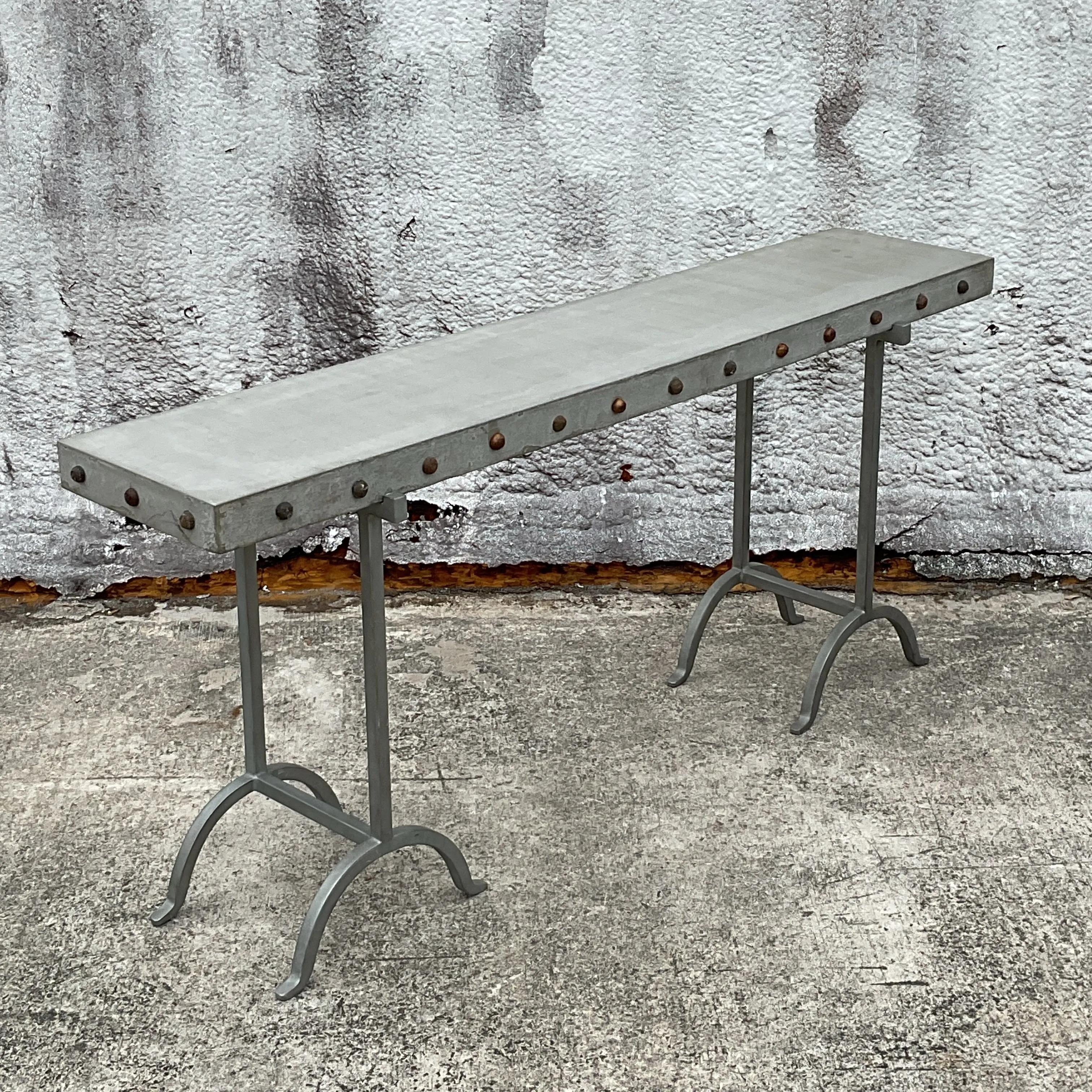 American Vintage Boho Nailhead Plaster Console Table For Sale