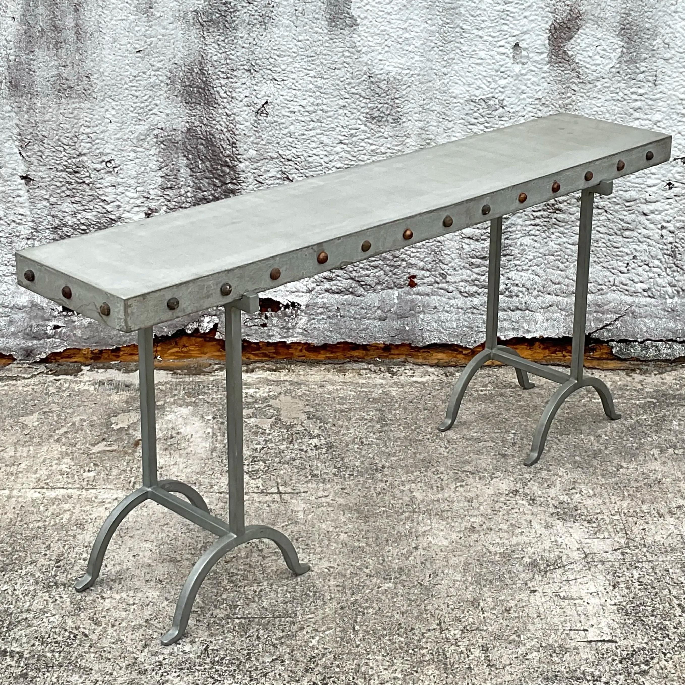 Vintage Boho Nailhead Plaster Console Table In Good Condition For Sale In west palm beach, FL