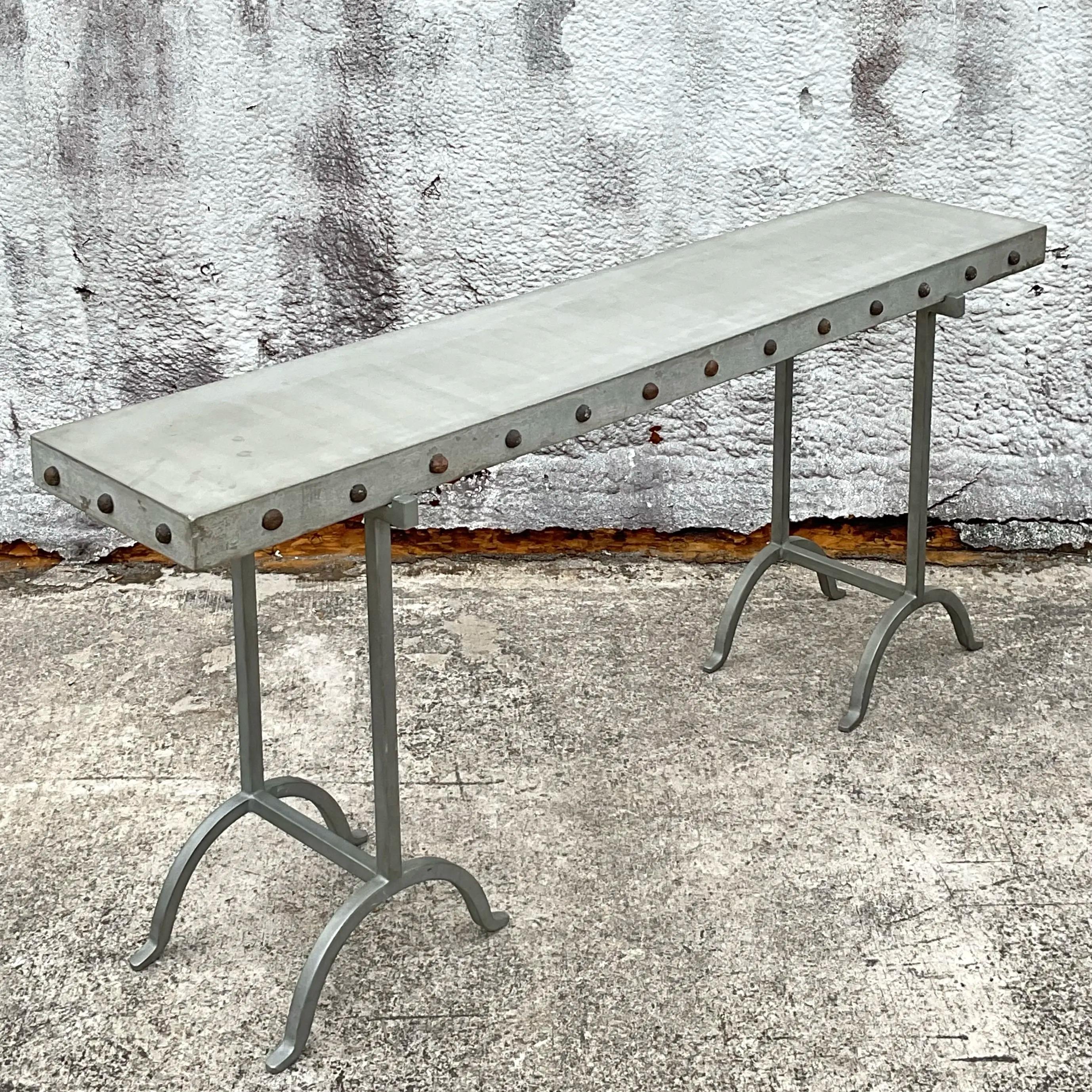 20th Century Vintage Boho Nailhead Plaster Console Table For Sale