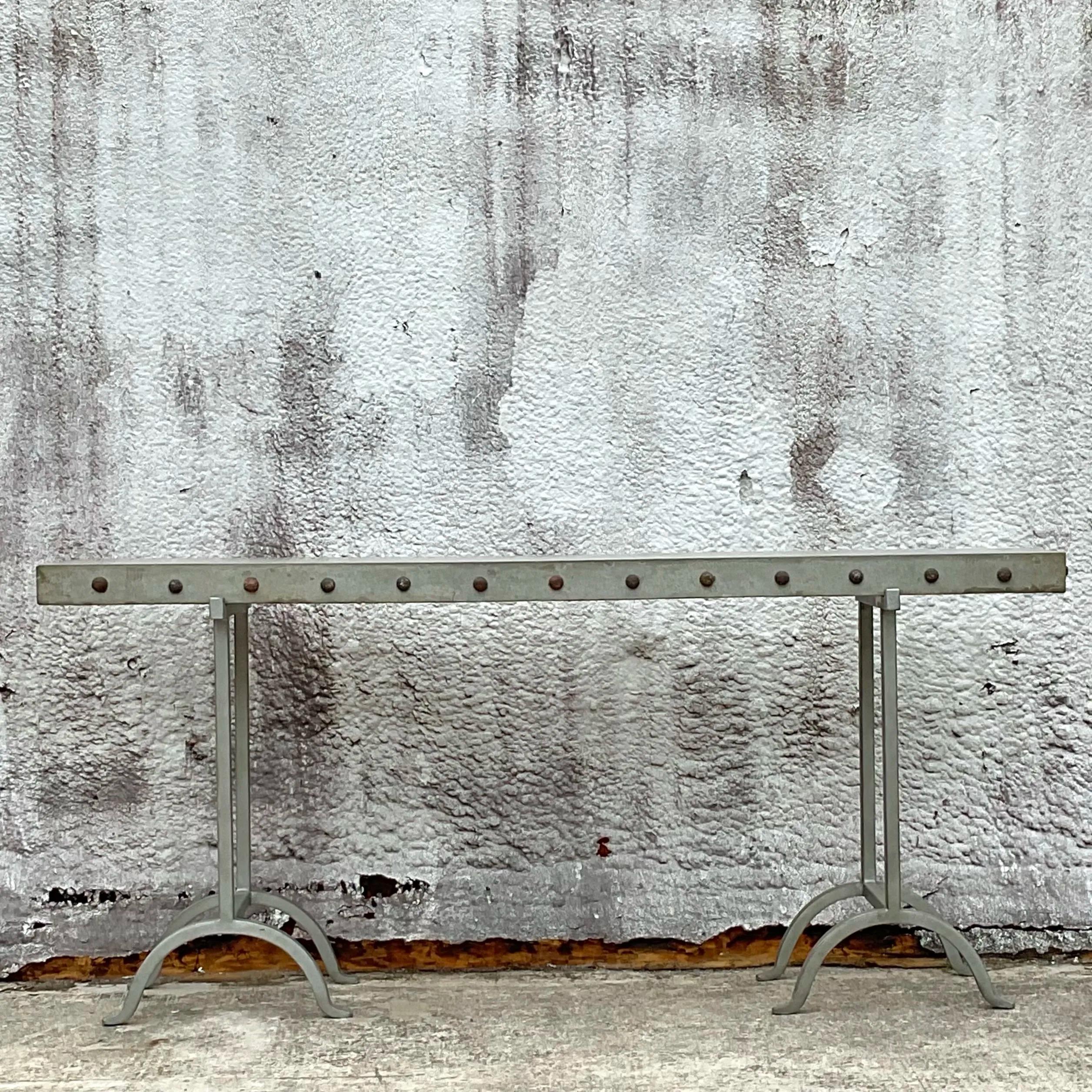 Metal Vintage Boho Nailhead Plaster Console Table For Sale