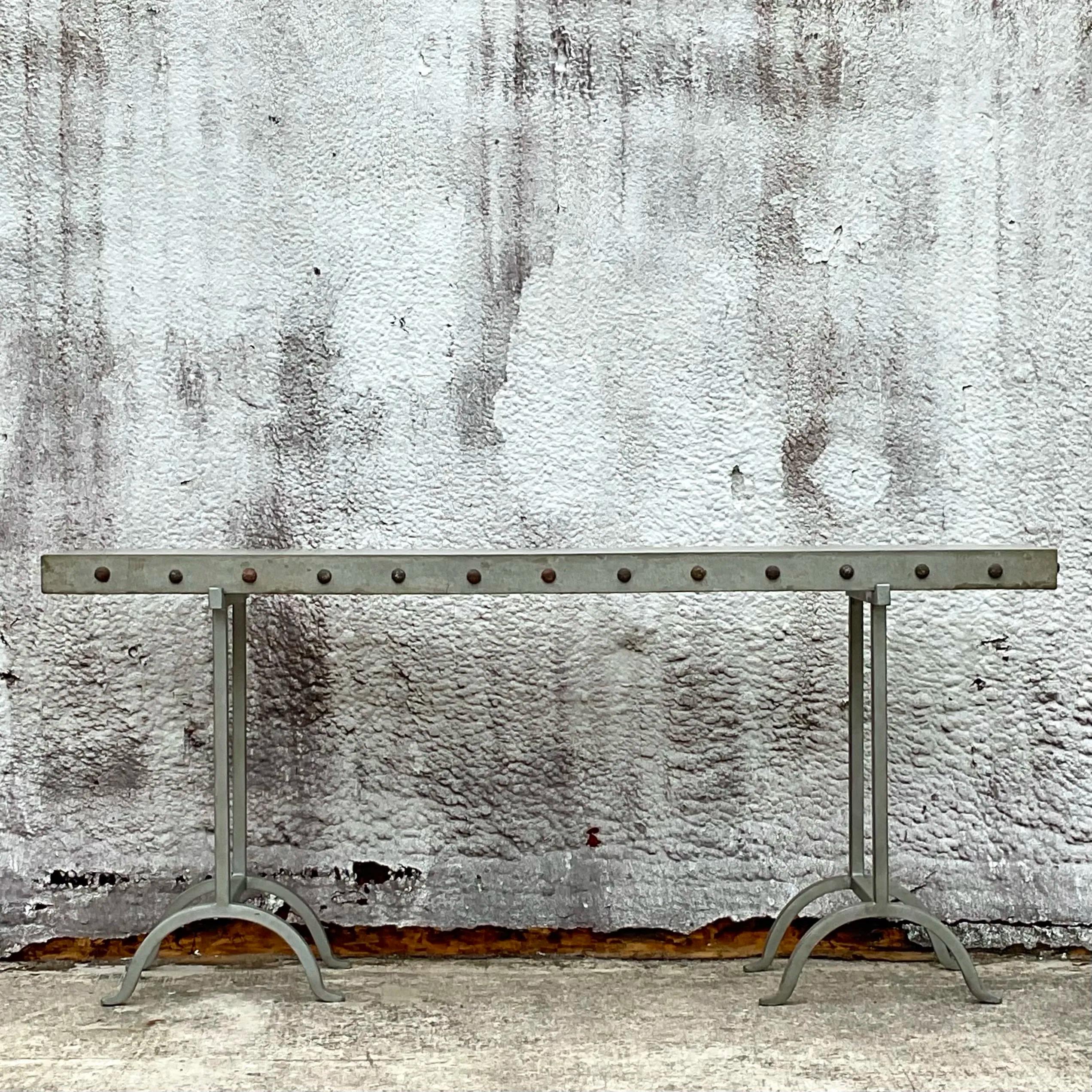 Vintage Boho Nailhead Plaster Console Table For Sale 1