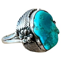 Vintage Boho Navajo Turquoise Ring Set in Sterling Silver 8