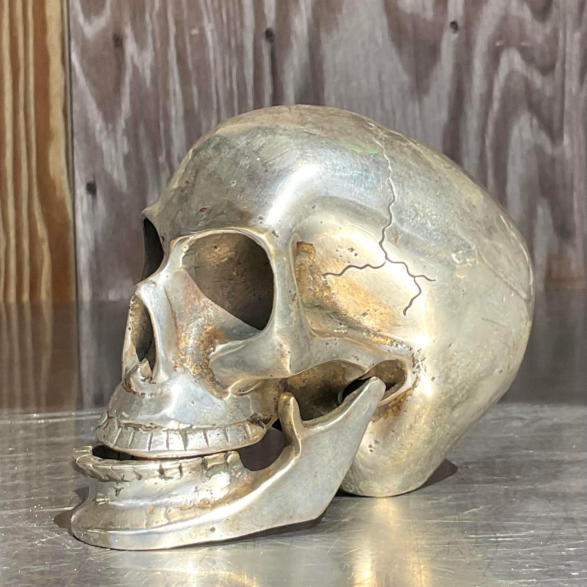 Bohemian Vintage Boho Nickel Over Brass Articulated Skull For Sale