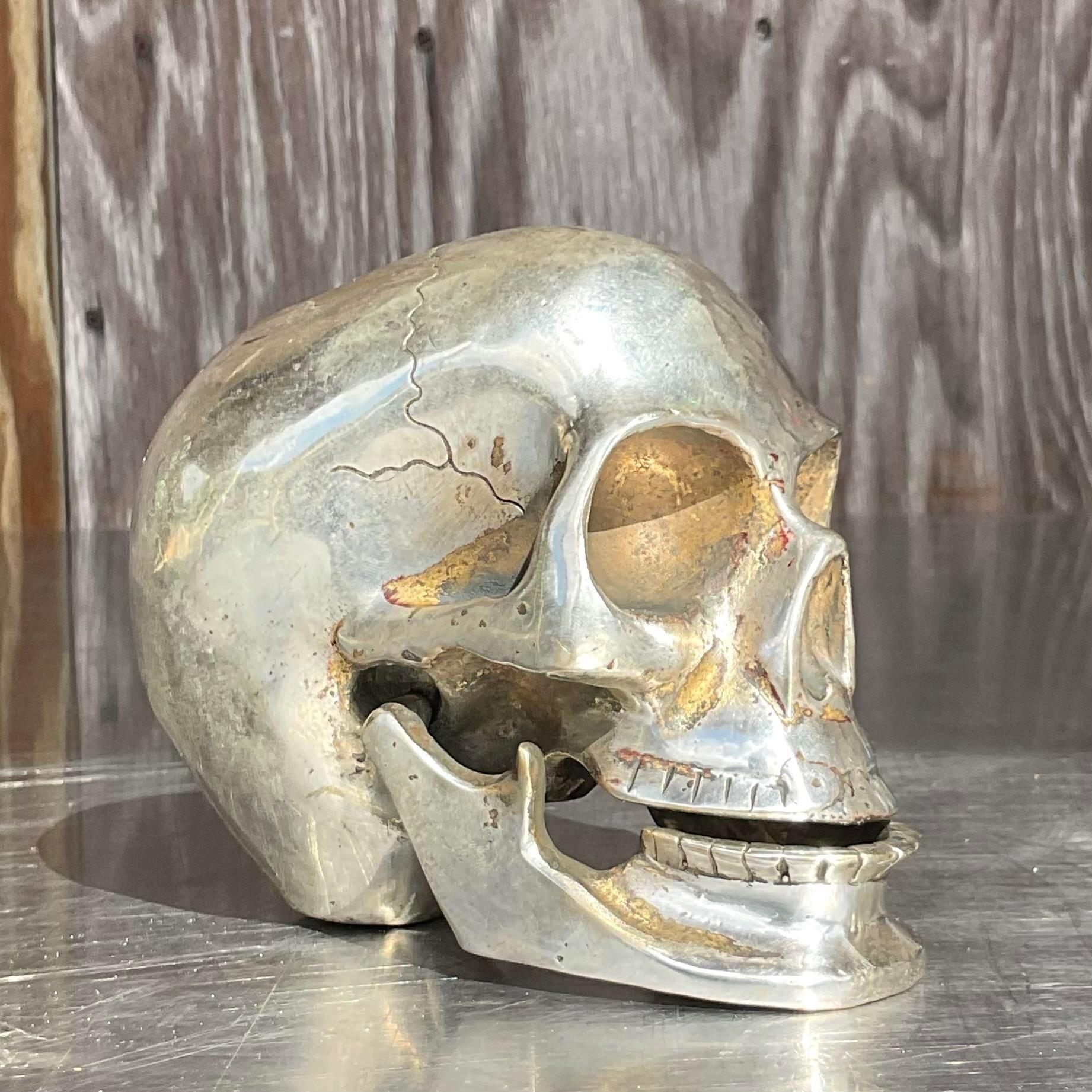 Vintage Boho Nickel Over Brass Articulated Skull In Good Condition For Sale In west palm beach, FL