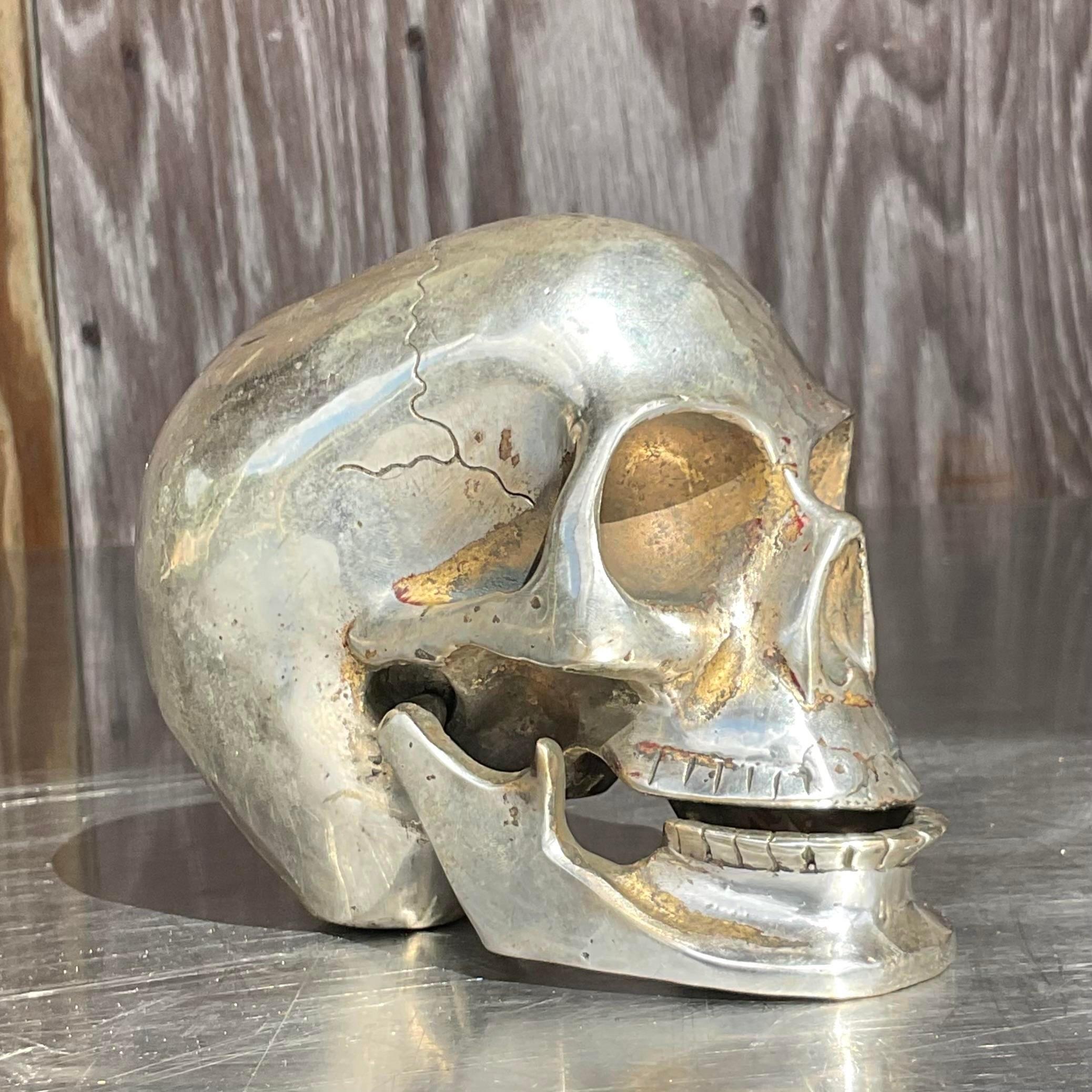 20th Century Vintage Boho Nickel Over Brass Articulated Skull For Sale