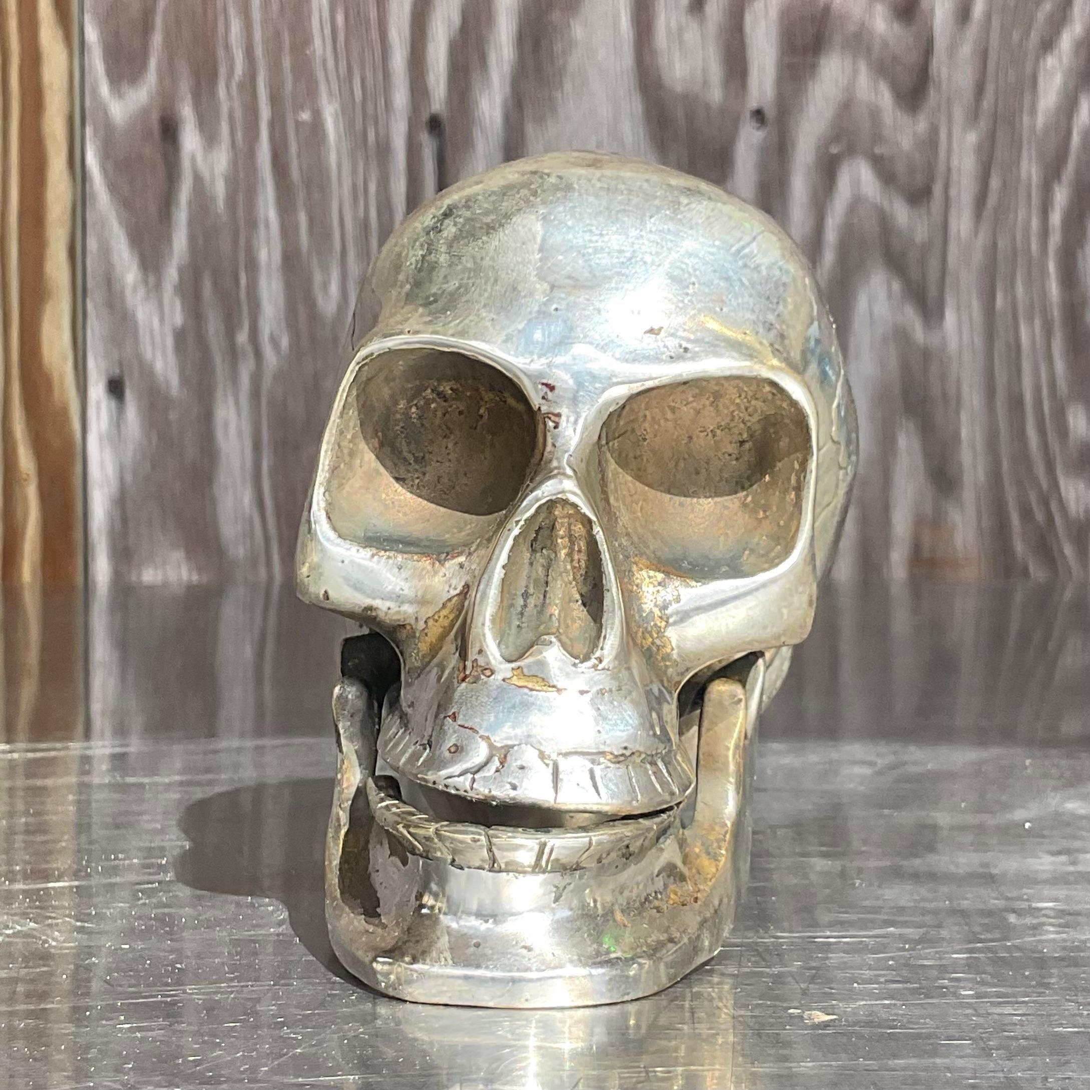 Vintage Boho Nickel Over Brass Articulated Skull For Sale 1