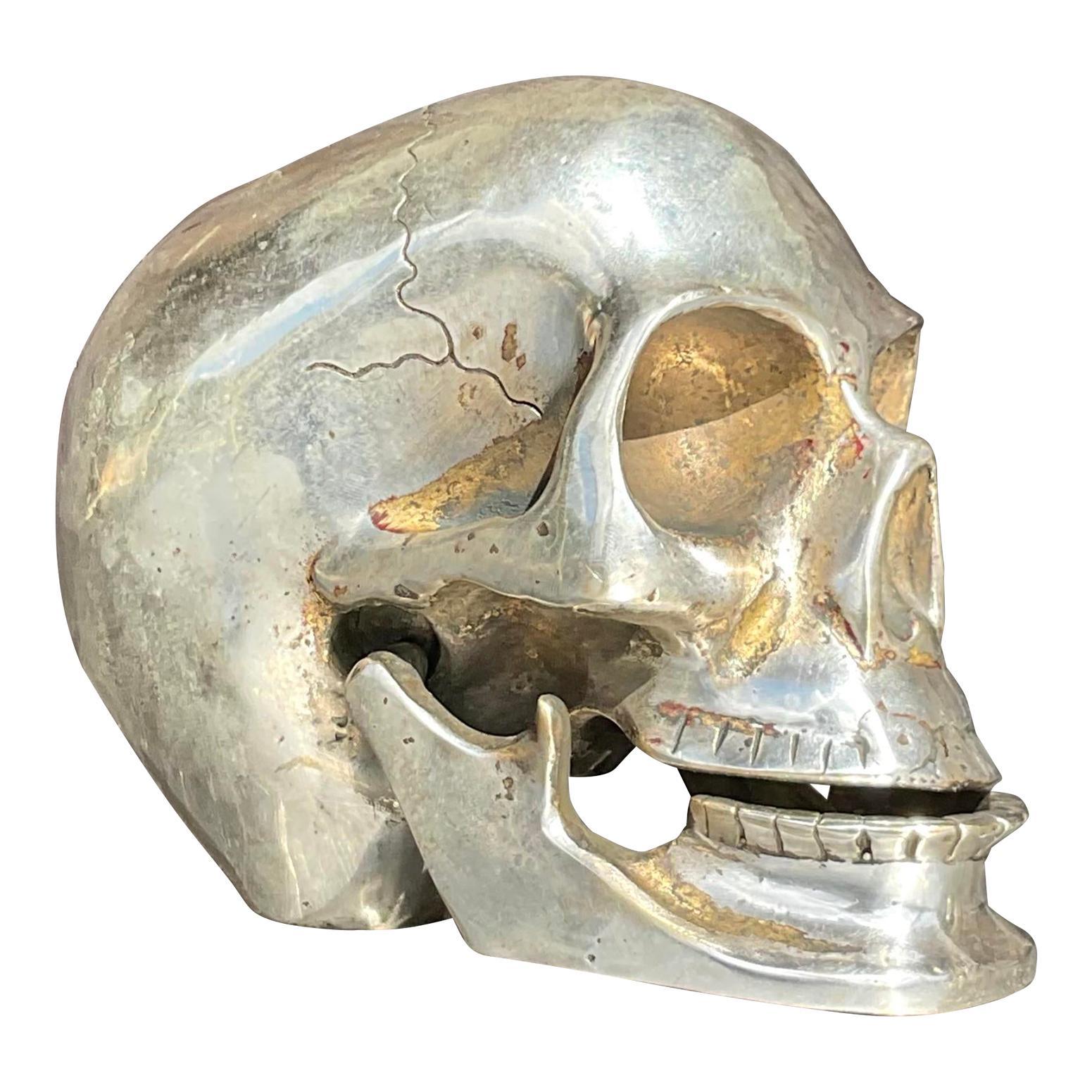 Vintage Boho Nickel Over Brass Articulated Skull For Sale