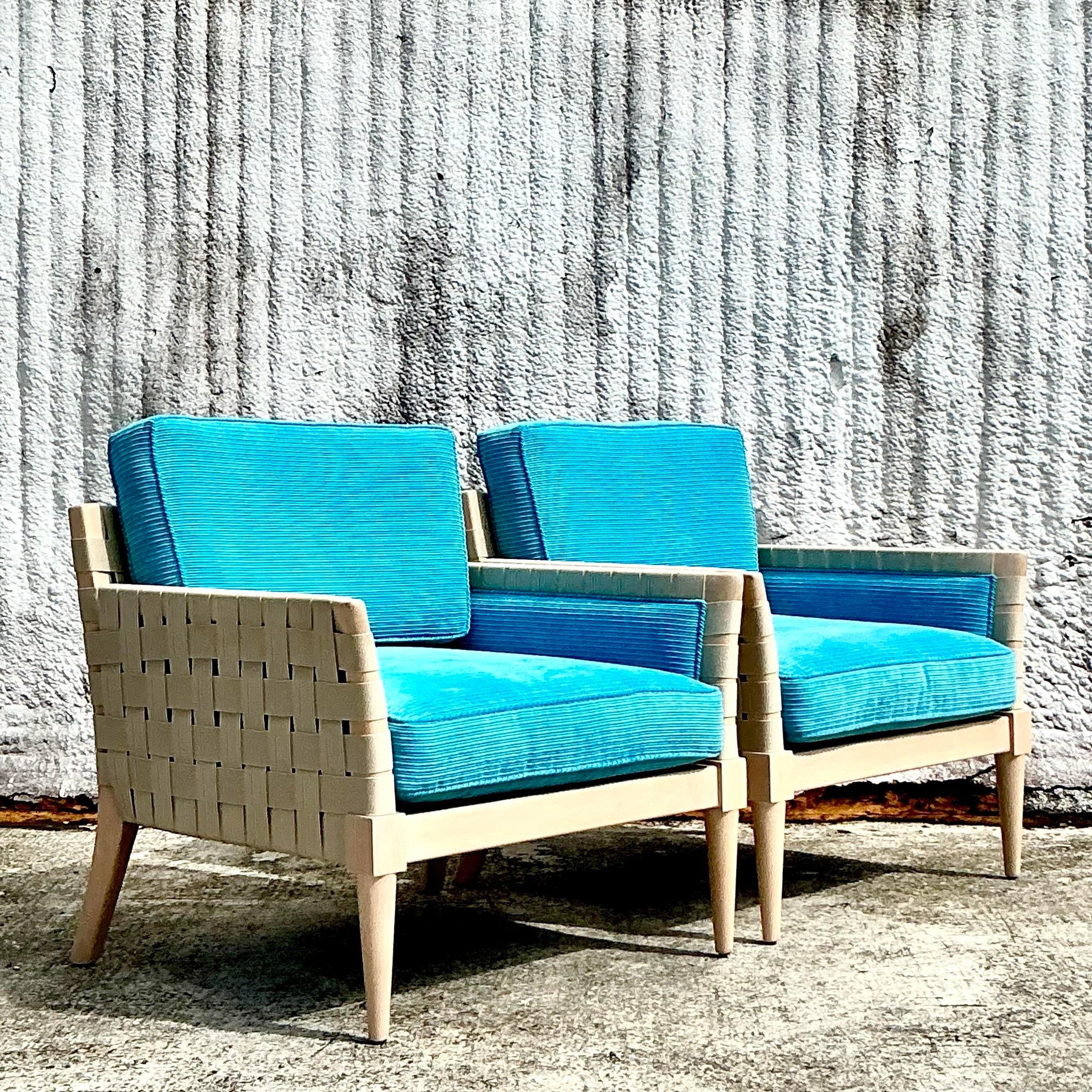 American Vintage Boho Niedermaier Woven Strap Lounge Chairs - a Pair For Sale