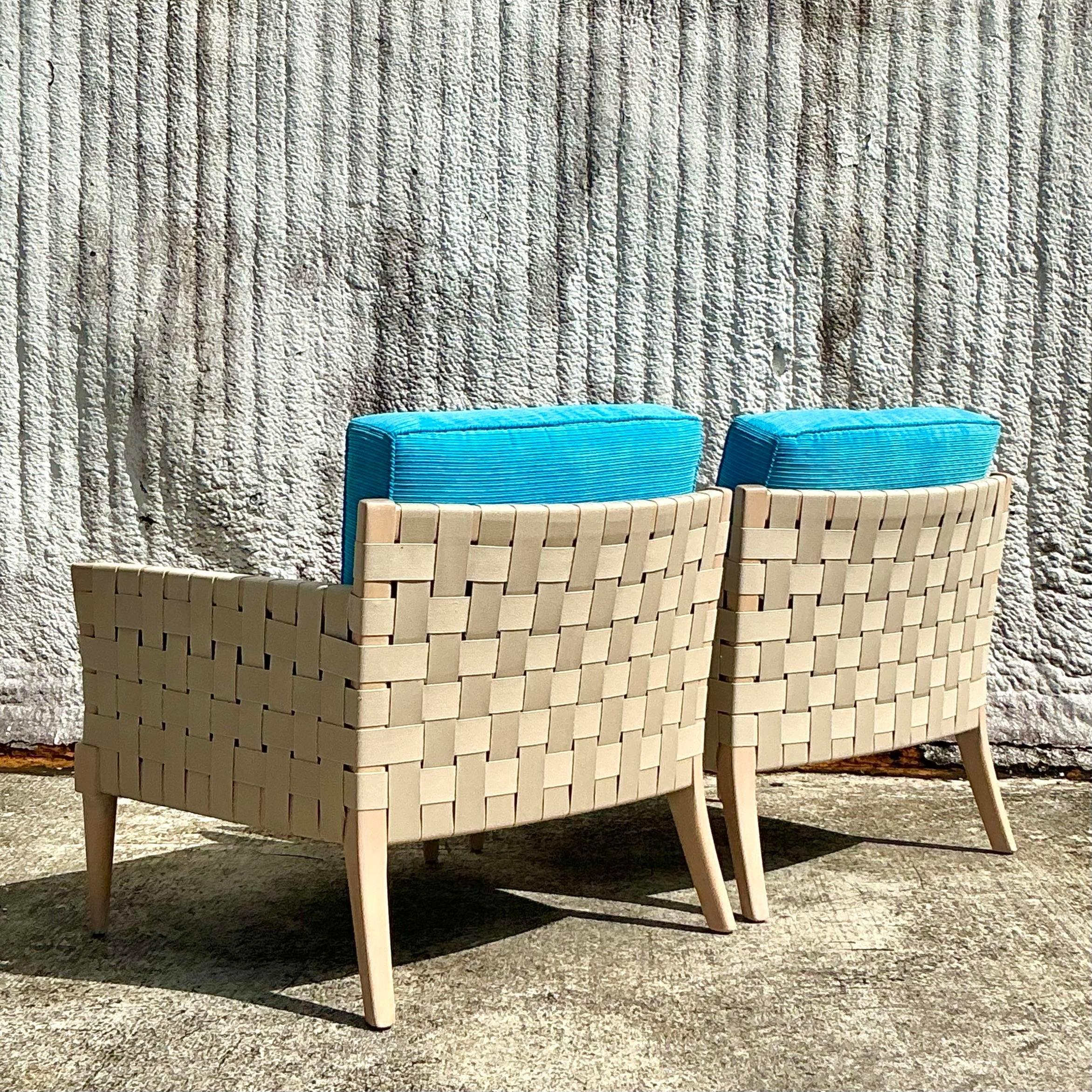 Vintage Boho Niedermaier Woven Strap Lounge Chairs - a Pair In Good Condition For Sale In west palm beach, FL
