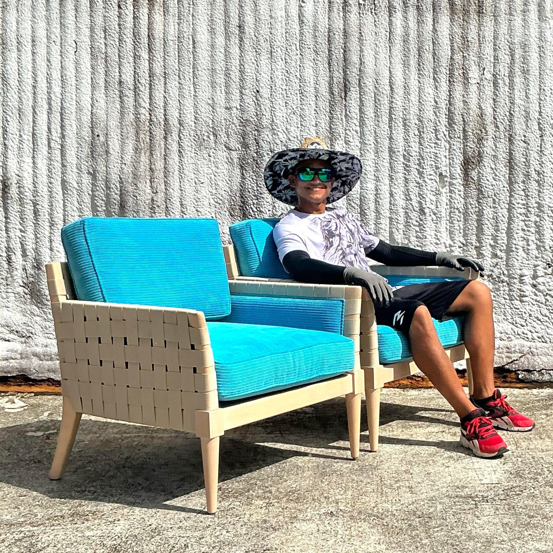 Fabric Vintage Boho Niedermaier Woven Strap Lounge Chairs - a Pair For Sale
