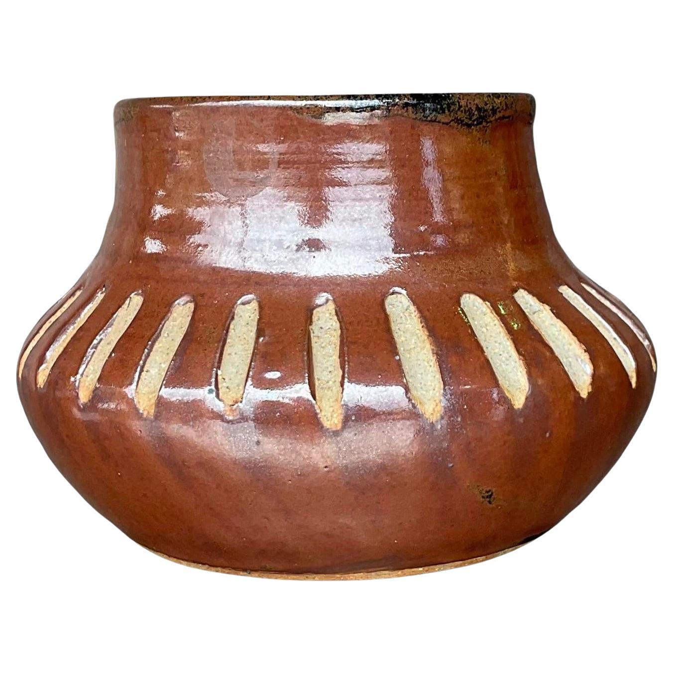 Vintage Boho Notched Studio Pottery Vase