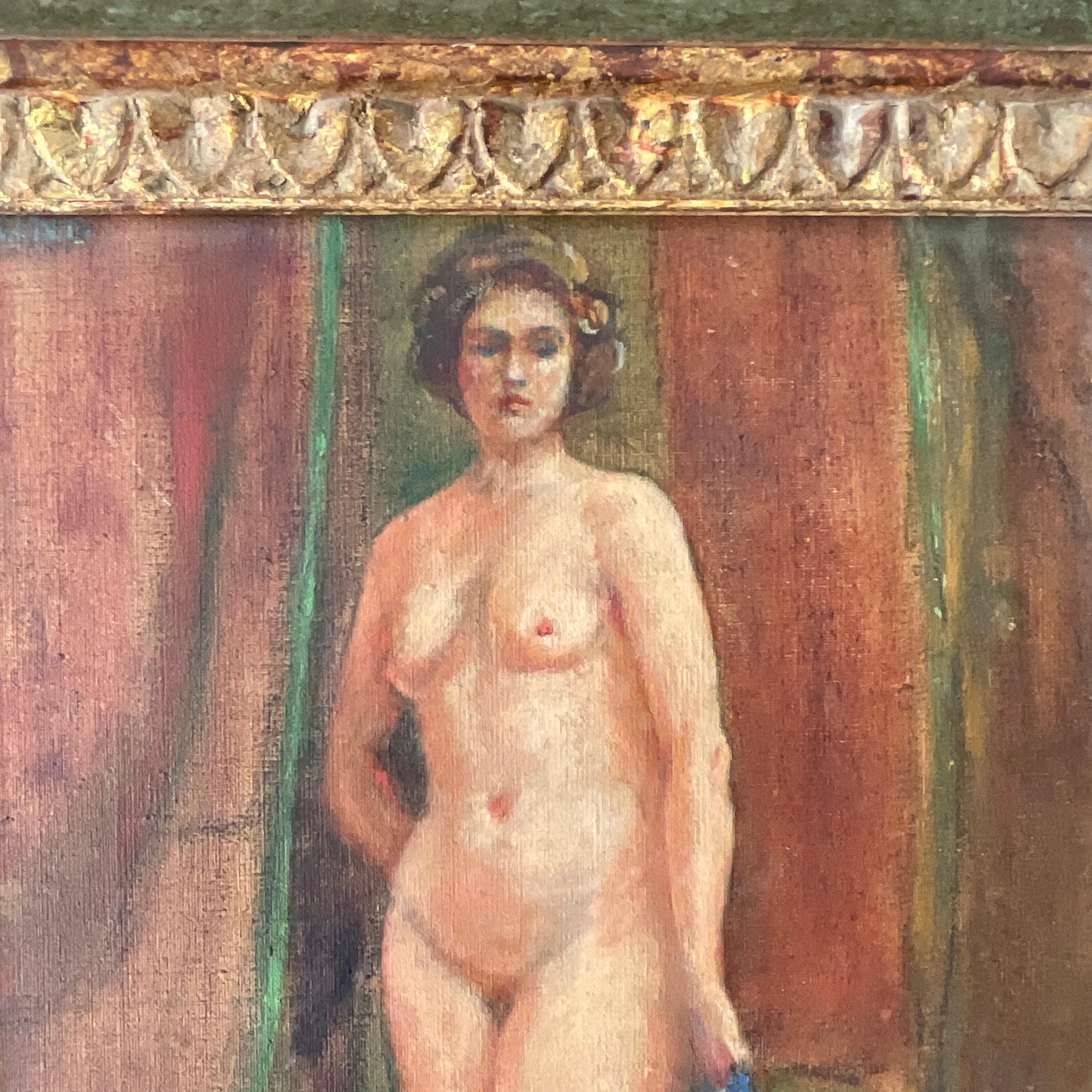 A fabulous vintage Boho original oil painting on canvas. A chic little nude Figural in deep rich colors. Signed on the back. Beautiful green and gilt wood frame. Acquired from a Palm Beach estate. 