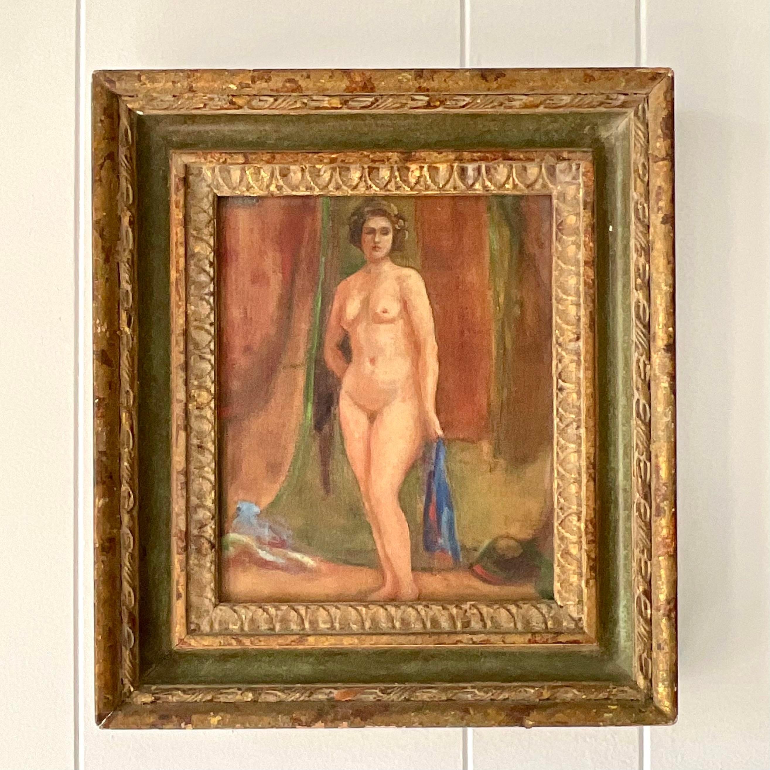 Bohemian Vintage Boho Nude Figural Signed Original Oil on Canvas For Sale