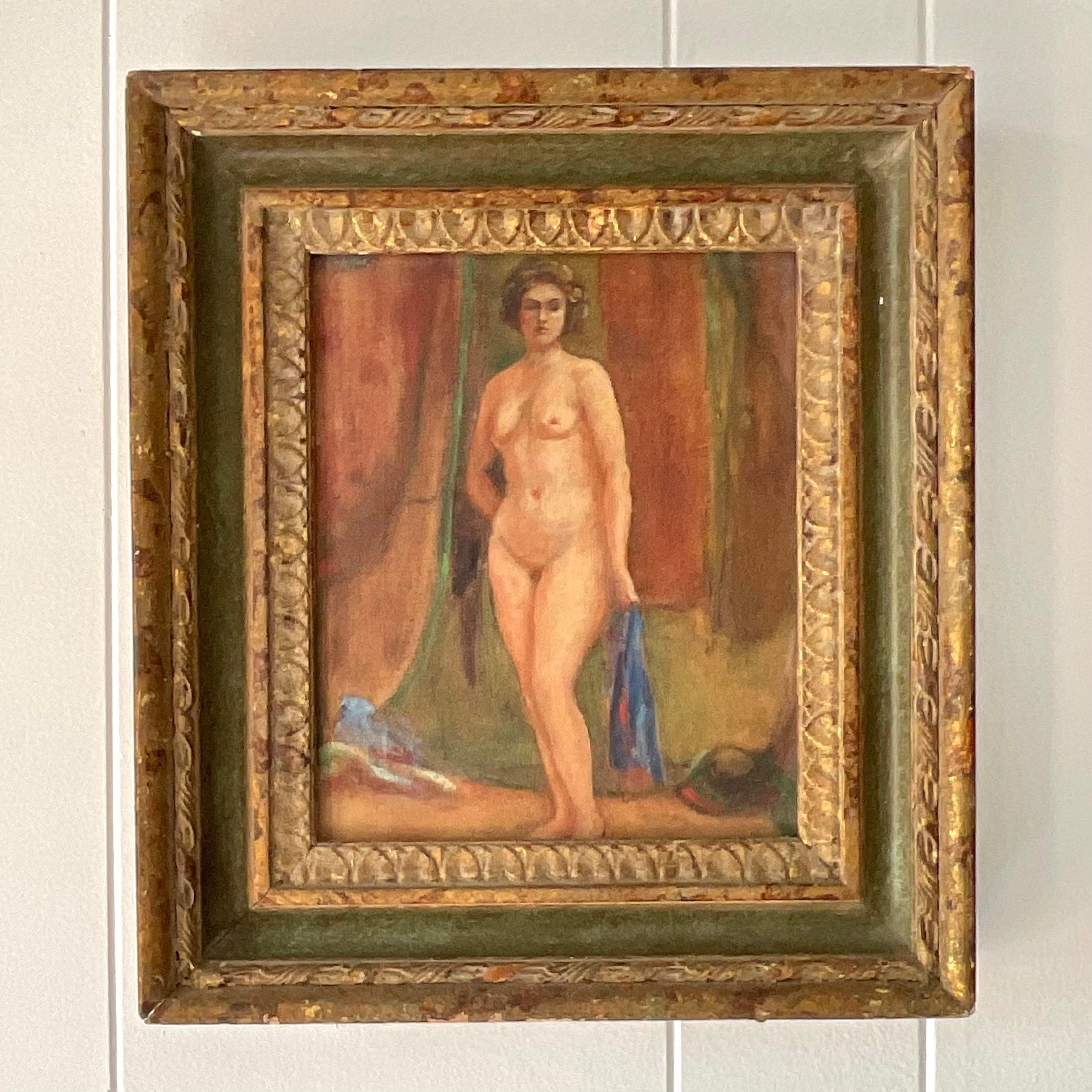 Vintage Boho Nude Figural Signed Original Oil on Canvas In Good Condition For Sale In west palm beach, FL