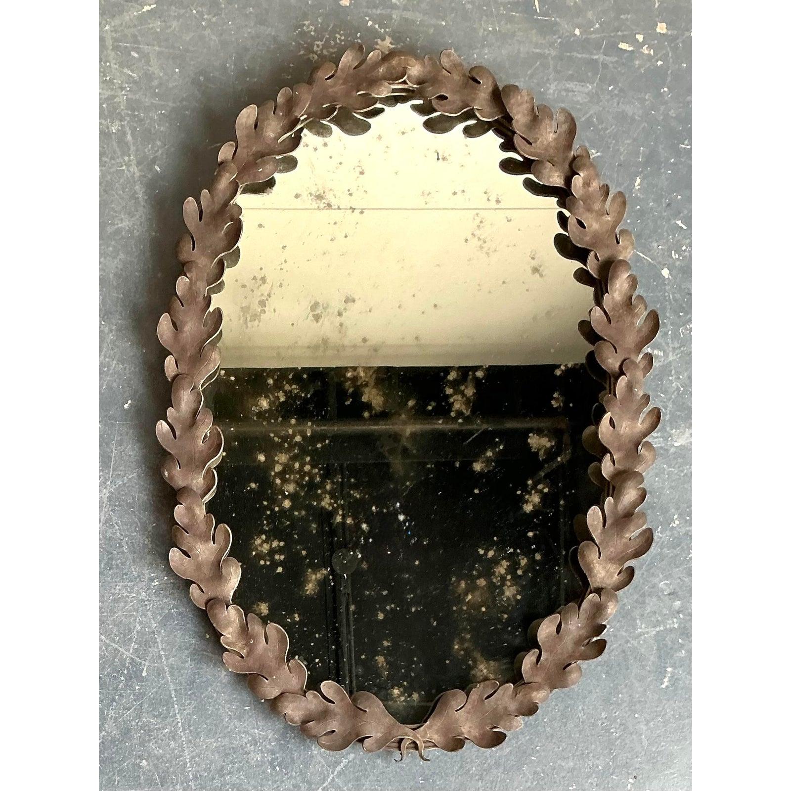 XX secolo Vintage Boho Oak Leaf Oval Mirror in vendita