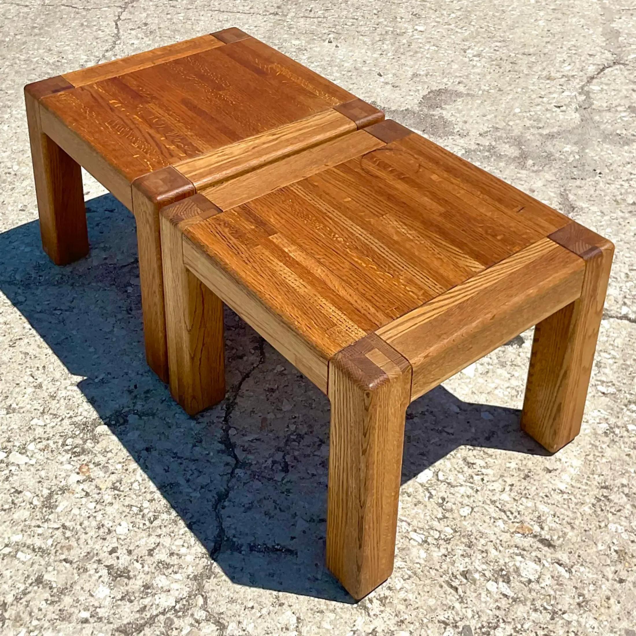 Bohemian Vintage Boho Oak Side Tables - a Pair For Sale