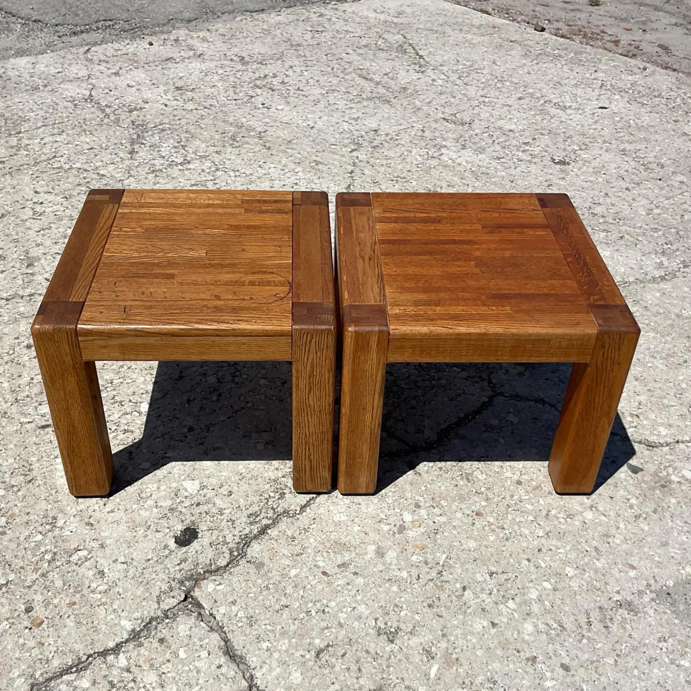 Vintage Boho Oak Side Tables - a Pair In Good Condition For Sale In west palm beach, FL