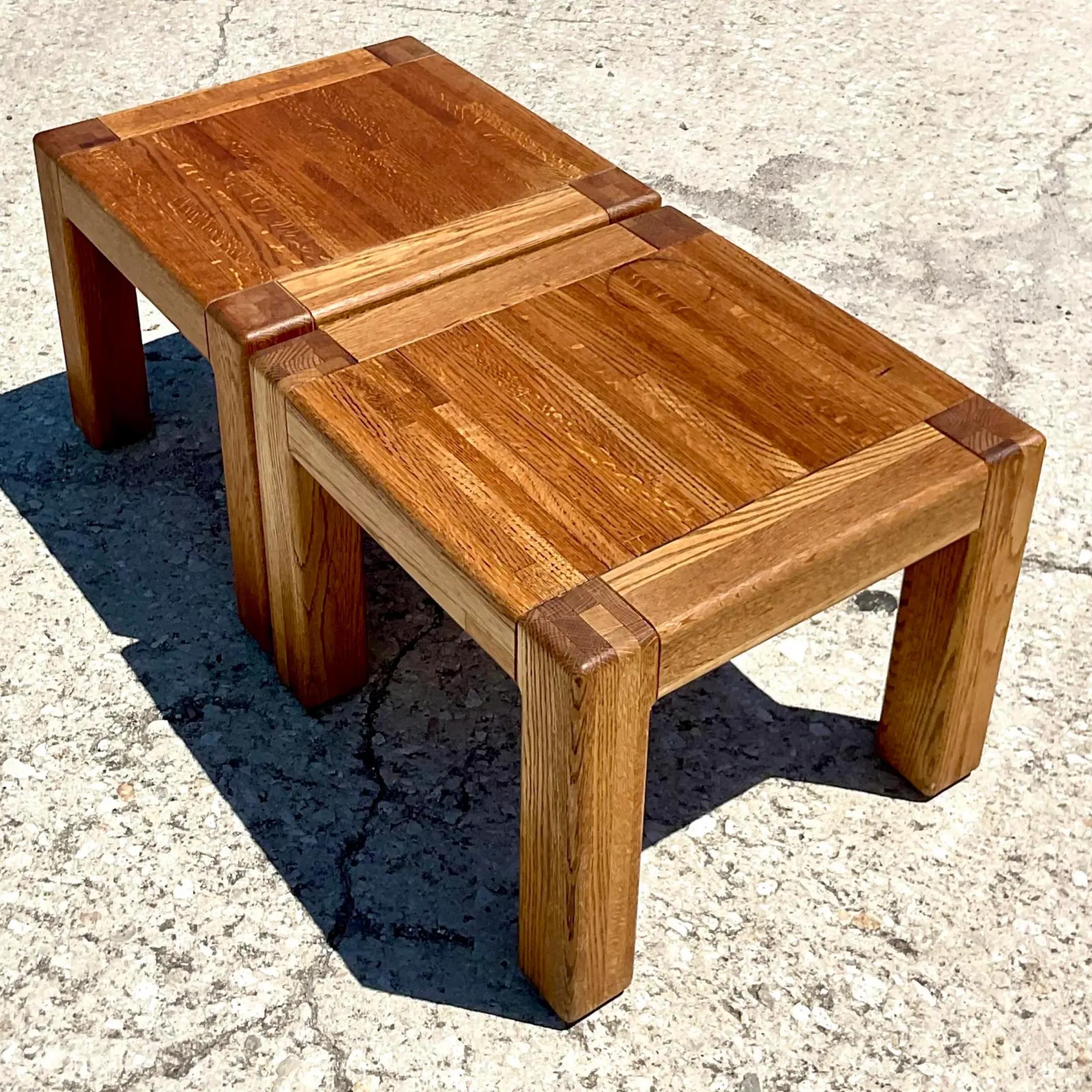 Vintage Boho Oak Side Tables - a Pair For Sale 1