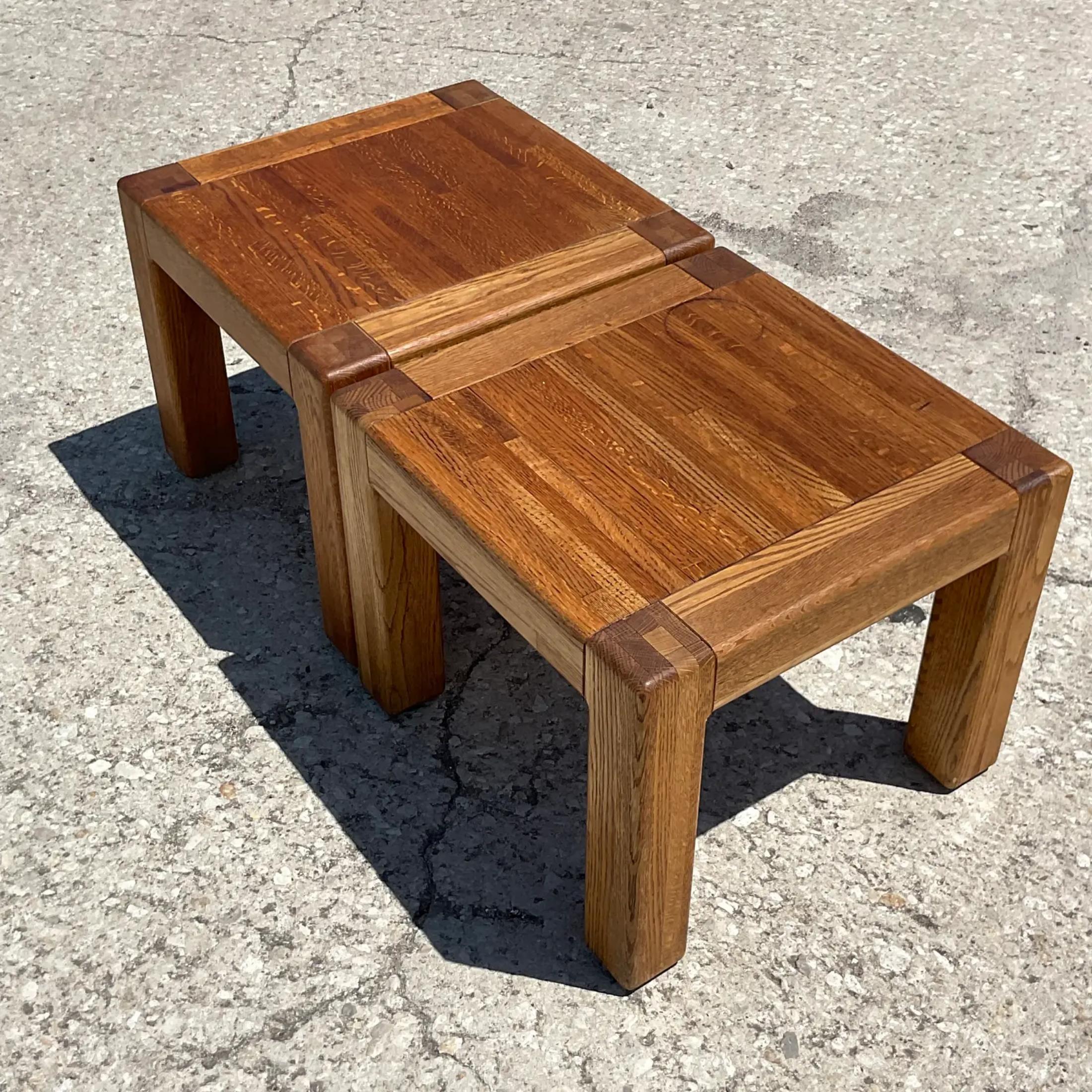 Vintage Boho Oak Side Tables - a Pair For Sale 2