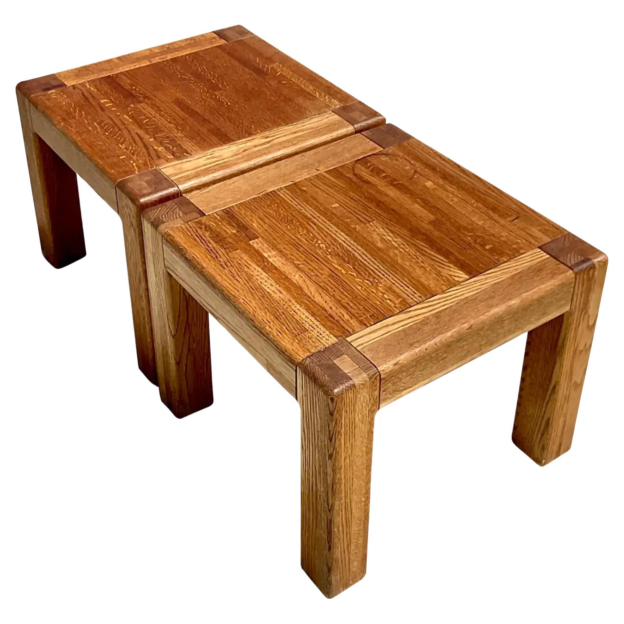 Vintage Boho Oak Side Tables - a Pair For Sale