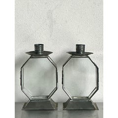 Vintage Boho Octagon Glass Case Candlesticks - A Pair