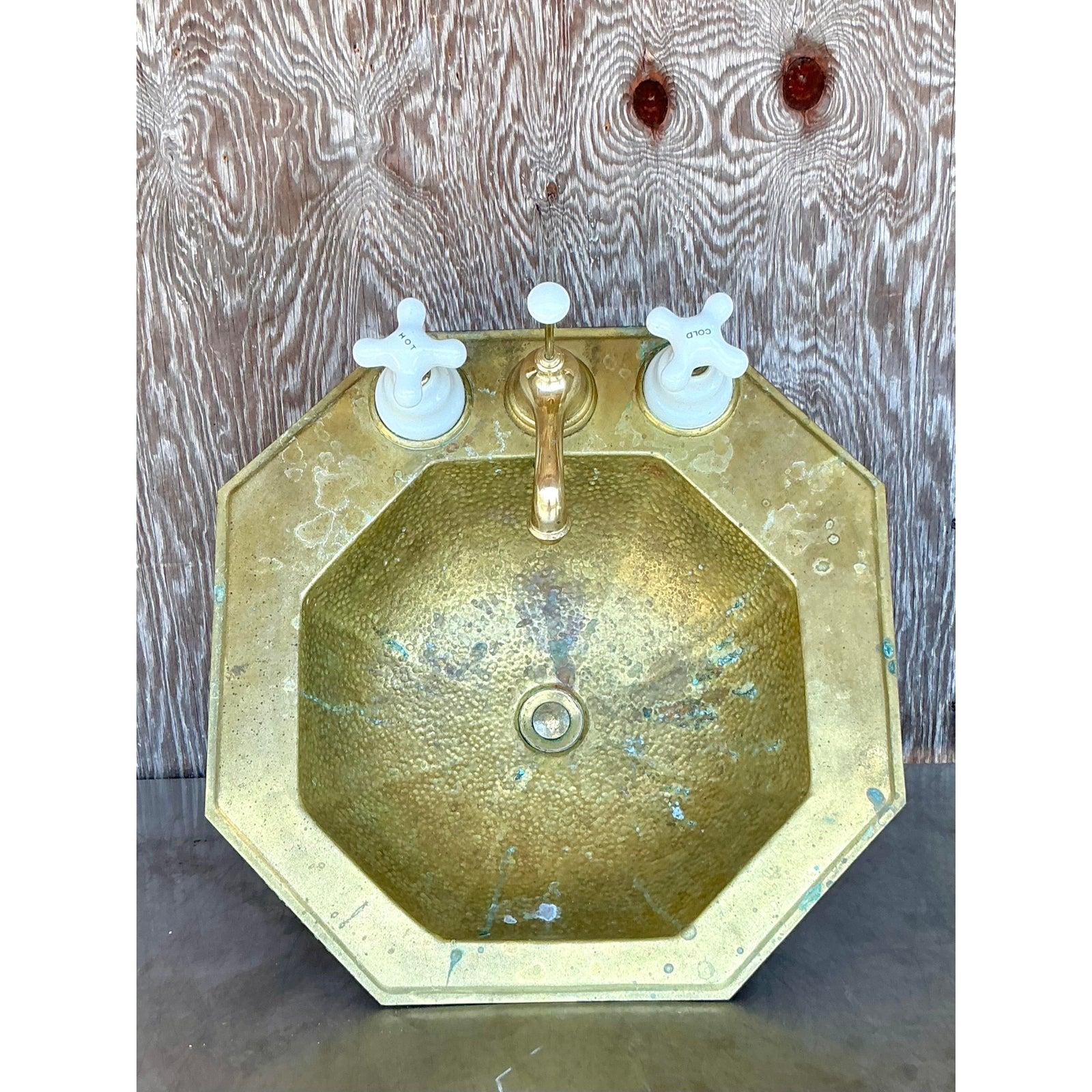 Rustic Vintage Boho Octagon Hammered Brass Sink For Sale