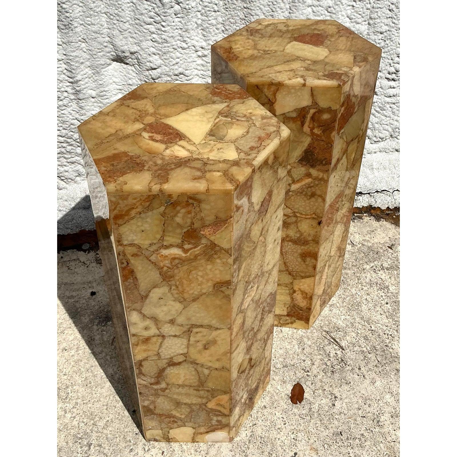 Pierre Vintage Boho Octagon Onyx Pedestals - A Pair en vente
