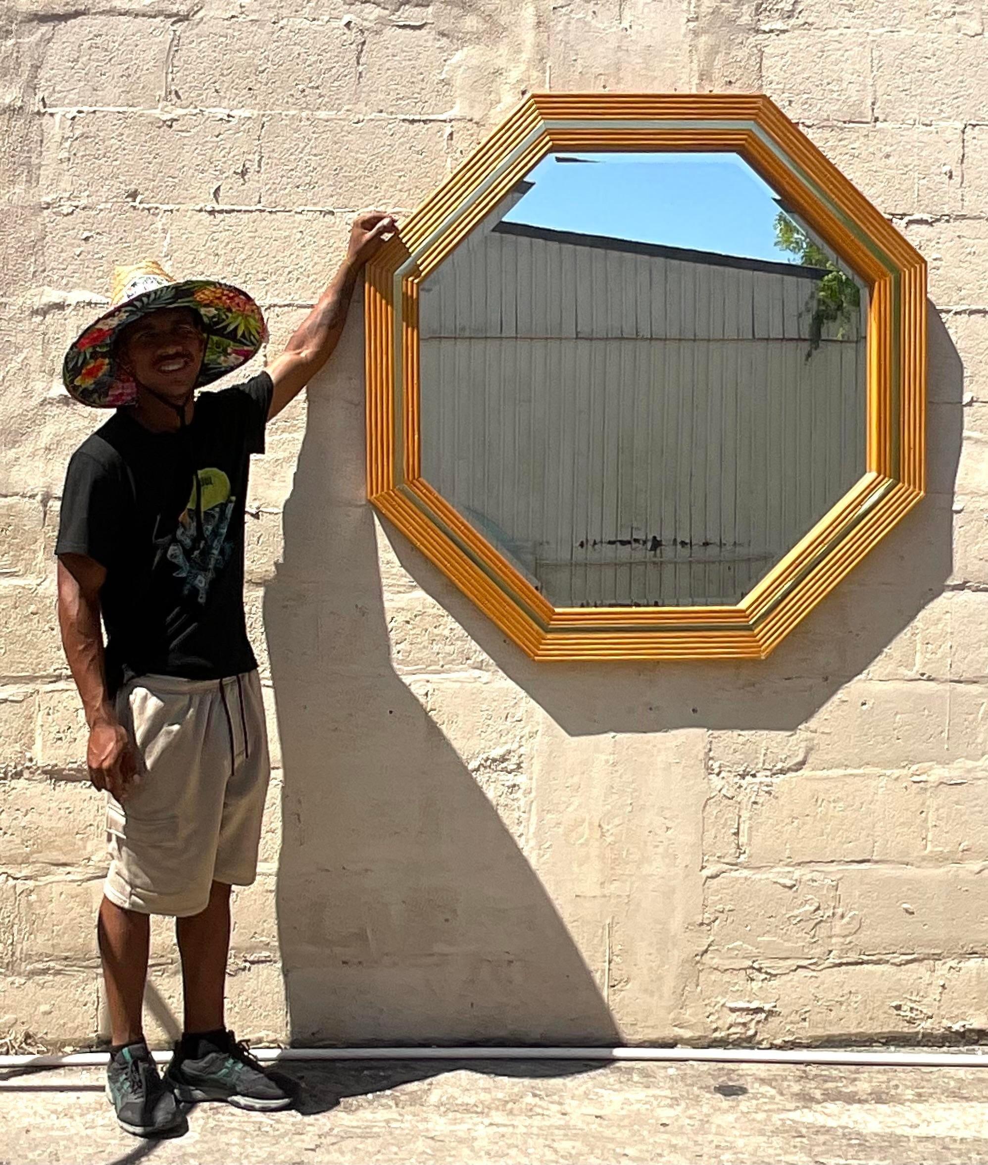 Vintage Boho Octagon Ribbed Mirror In Good Condition For Sale In west palm beach, FL