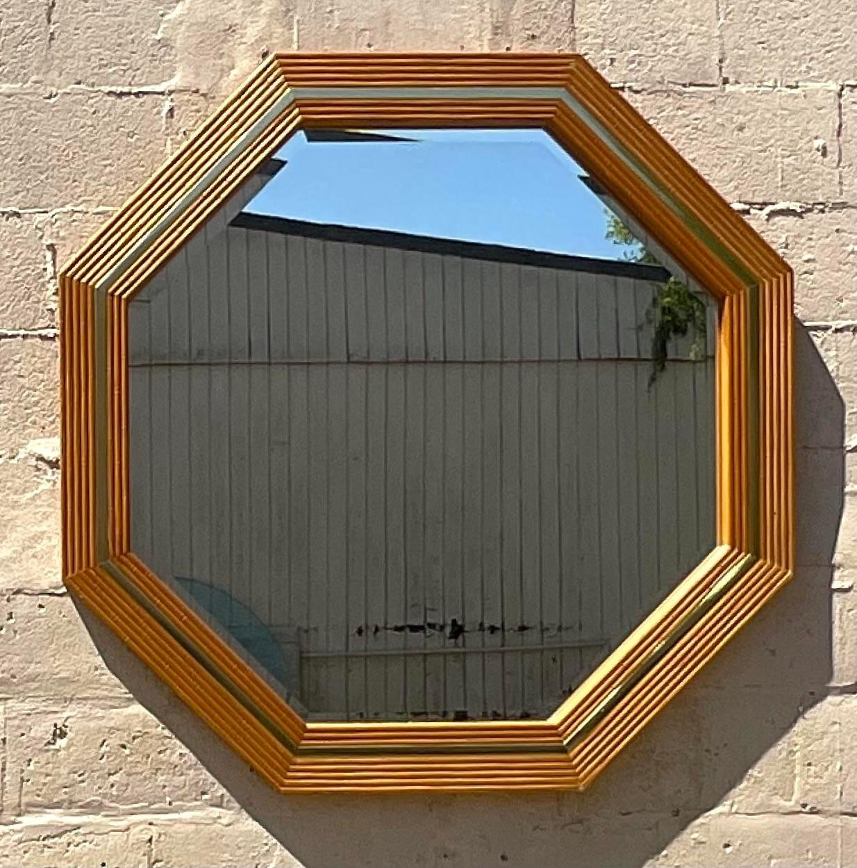 20th Century Vintage Boho Octagon Ribbed Mirror For Sale