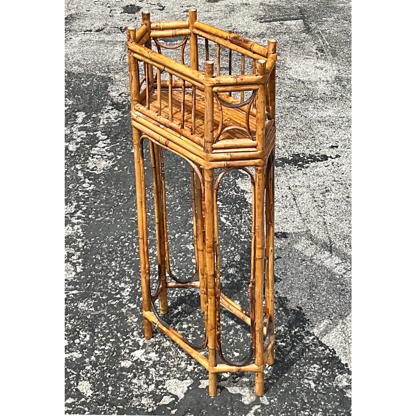 Organic Modern Vintage Boho Octagonal Bamboo Plant Stand For Sale