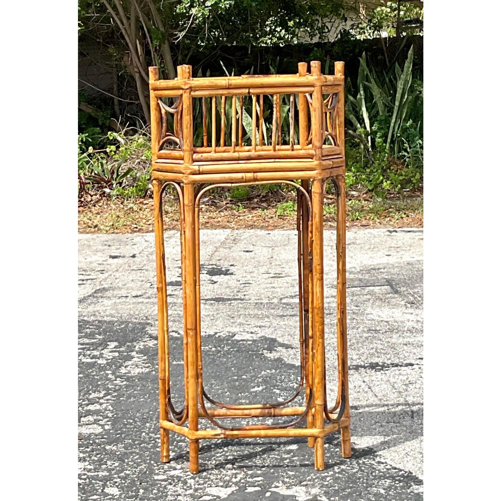 Vintage Boho Octagonal Bamboo Plant Stand In Good Condition For Sale In West Palm Beach, FL