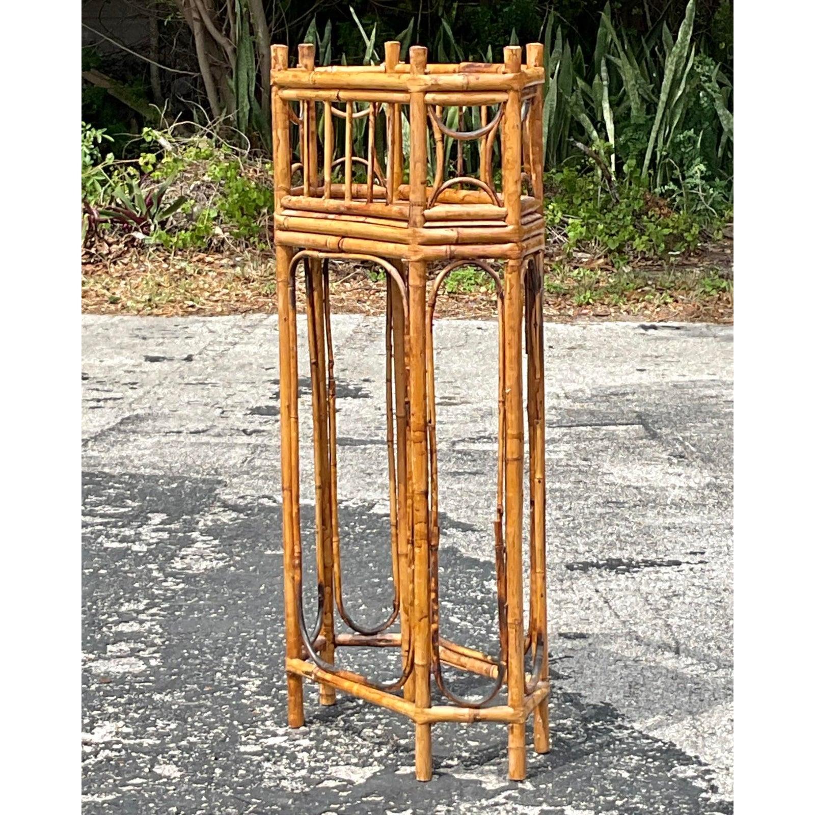20th Century Vintage Boho Octagonal Bamboo Plant Stand For Sale