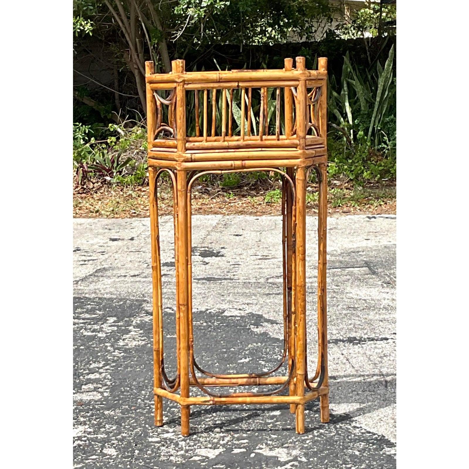 Vintage Boho Octagonal Bamboo Plant Stand For Sale 1