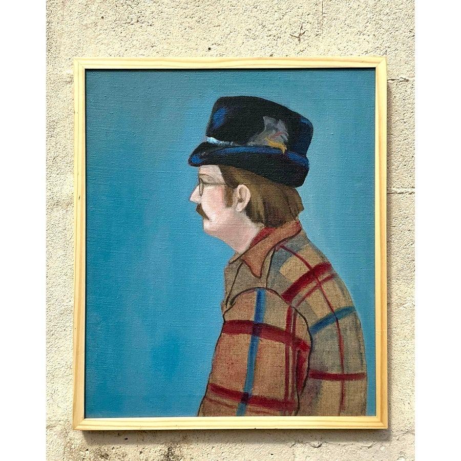 Vintage Boho, Ölporträt auf Leinwand, Vintage im Angebot 1