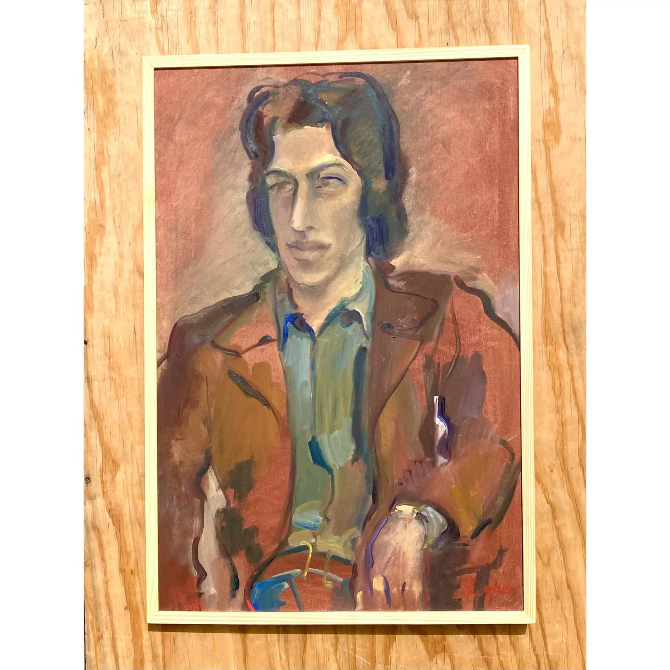 Fabuleuse peinture à l'huile originale Boho vintage. Composition picturale d'un jeune homme élégant. Des éclats de couleurs vives dominent cette toile. Signé par l'artiste Regone Pierokkis. 

