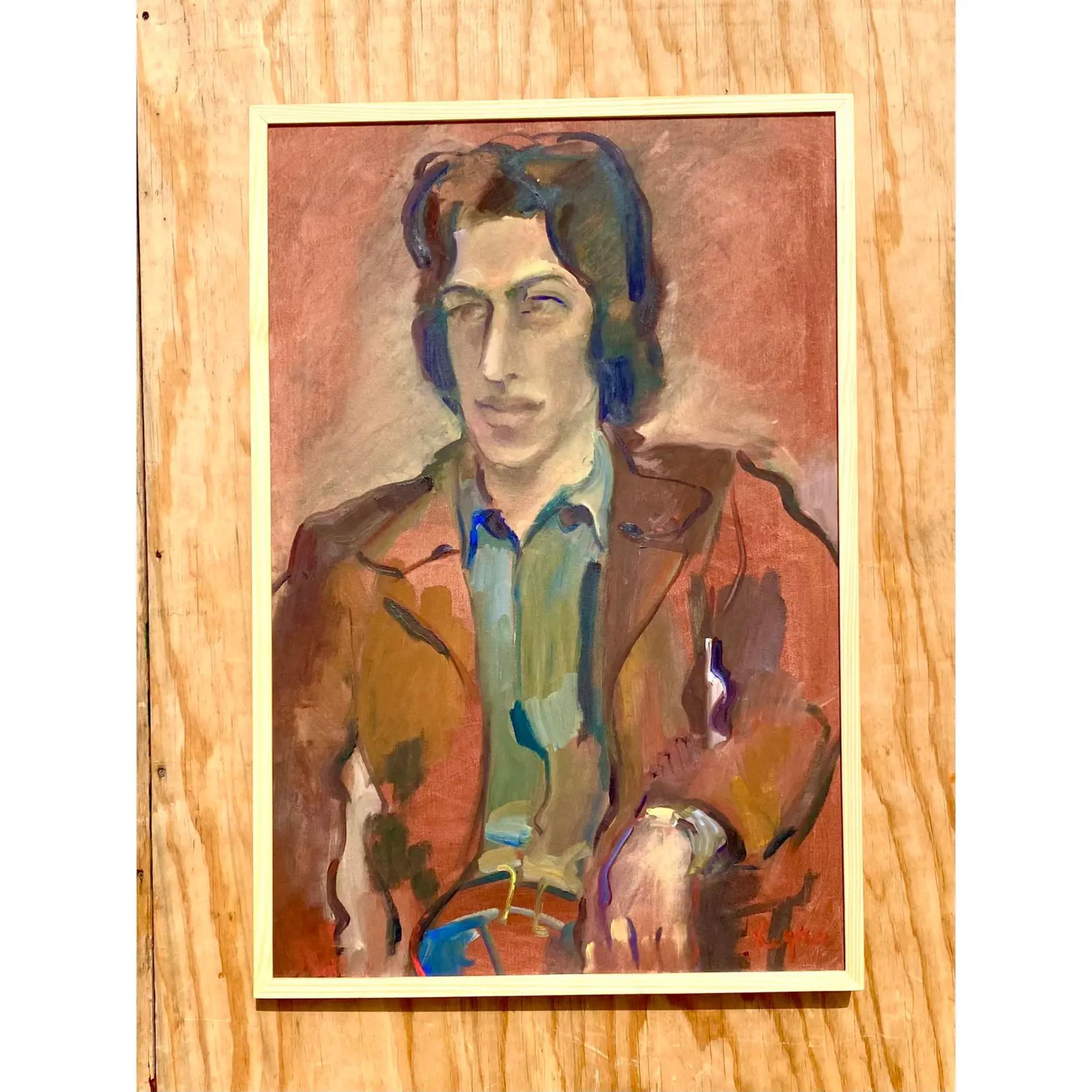 Retrato al óleo boho vintage firmado Regone en venta 1