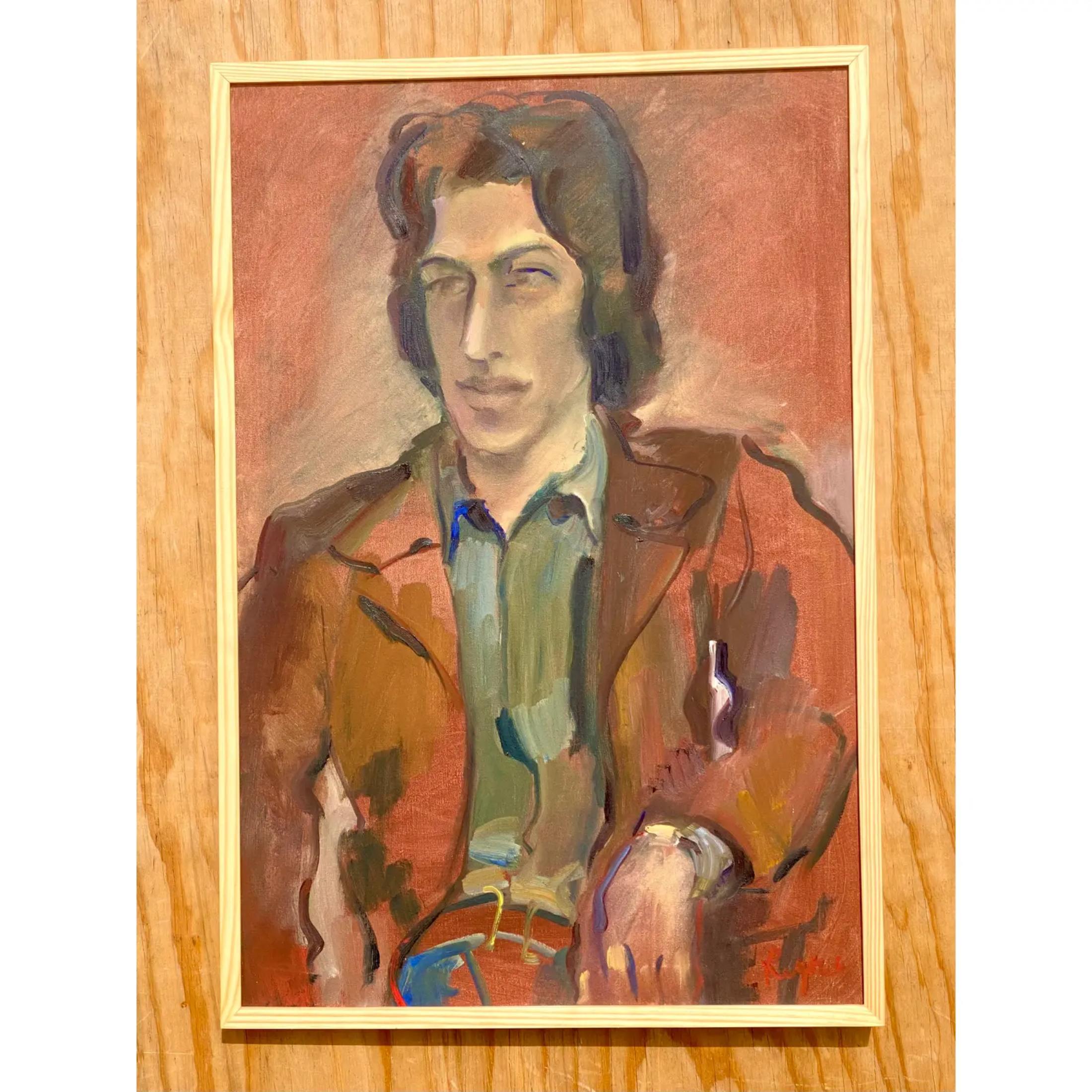 Retrato al óleo boho vintage firmado Regone en venta 2