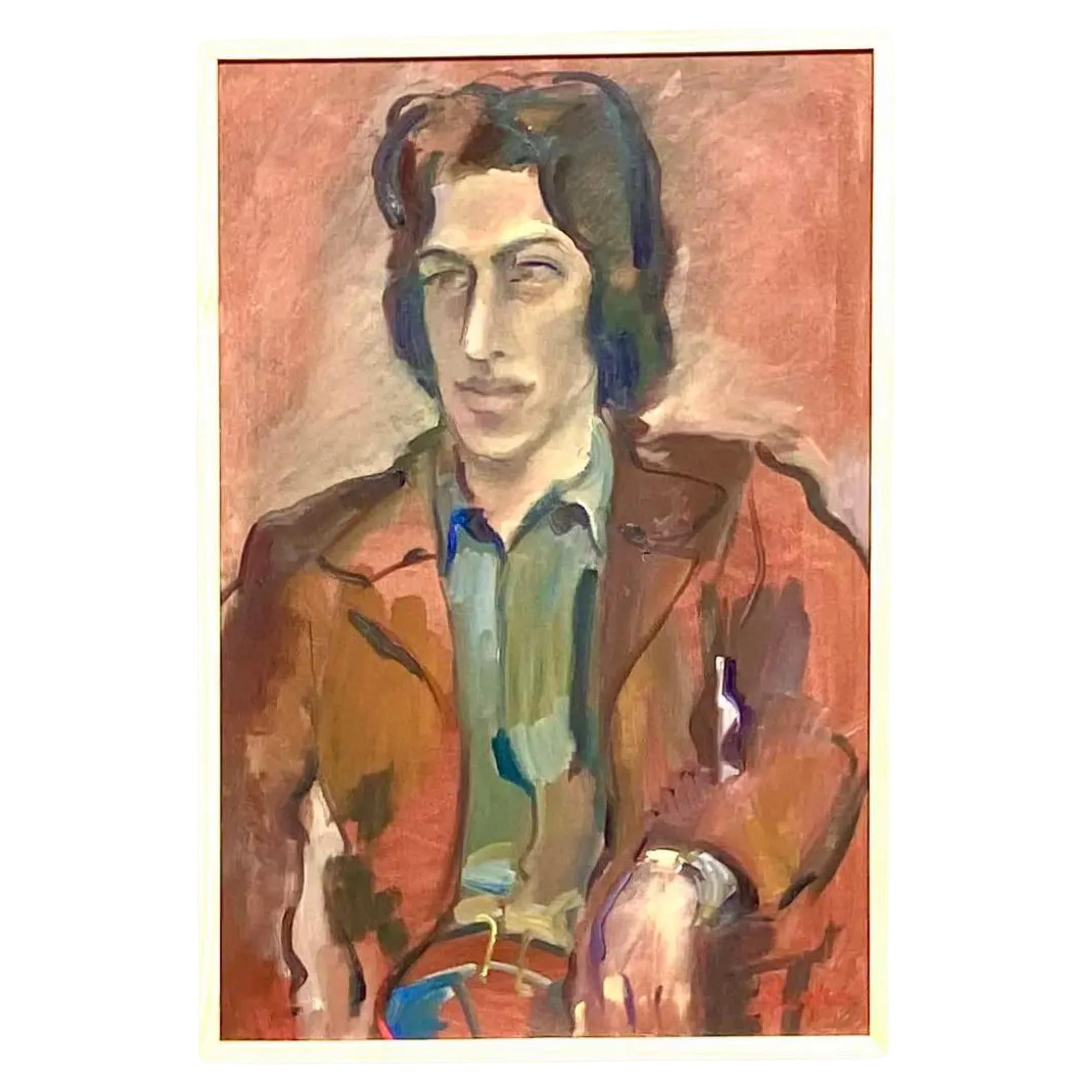 Portrait à l'huile bohème vintage signé Regone en vente